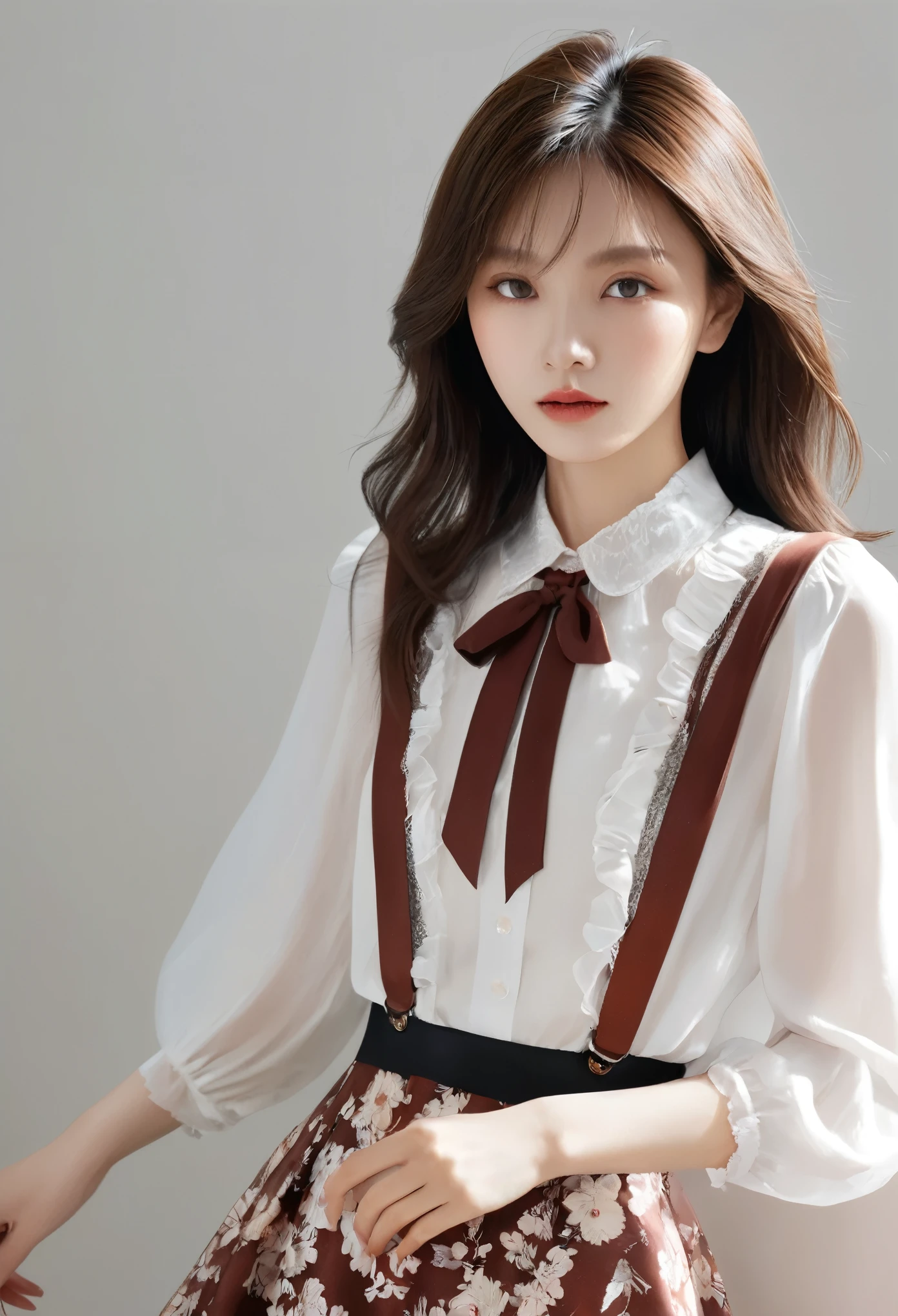 (masterpiece), (最high quality), (Very detailed), (Best Shadow), (photoRealistic:1.4), Frilled blouse, skirt, white ankle socks, (((((A long shot of a woman walking slowly))))), White floral dress, (Bright interior), (Soft Light), (Low contrast), (Shallow depth of field), (portrait of a beautiful woman illuminated by gentle light), (Very delicate and elegant depiction), (Short bangs), (Hair color is dark chestnut with a slight brown tinge), (Hair with subtle and gentle waves), (Small, intricate braids on the side of long hair), (Decorated with thin ribbons), ( White blouse with small frills), (bow tie), (青いロングskirt), (White short ankle socks), Cinema Lighting, One Girl, 16 years old, high quality, masterpiece, Very detailed, High resolution, 4K, 超High resolution, Detailed Shadows, Ultra-realistic, Dramatic lighting, One Girl, alone, Detailed face, Realistic eyes, Realistic Skin, Dynamic Hair, Dynamic pose, Dynamic Angle, White floral dress, White Background, Urzan-6500-v1.1, (RAW Photos:1.2), ( Realistic:1.4), Beautiful detailed girl, very detailed eyes and face, Beautiful attention to detail, Ridiculous, incredibly Ridiculous, Large file size, Very detailed, 