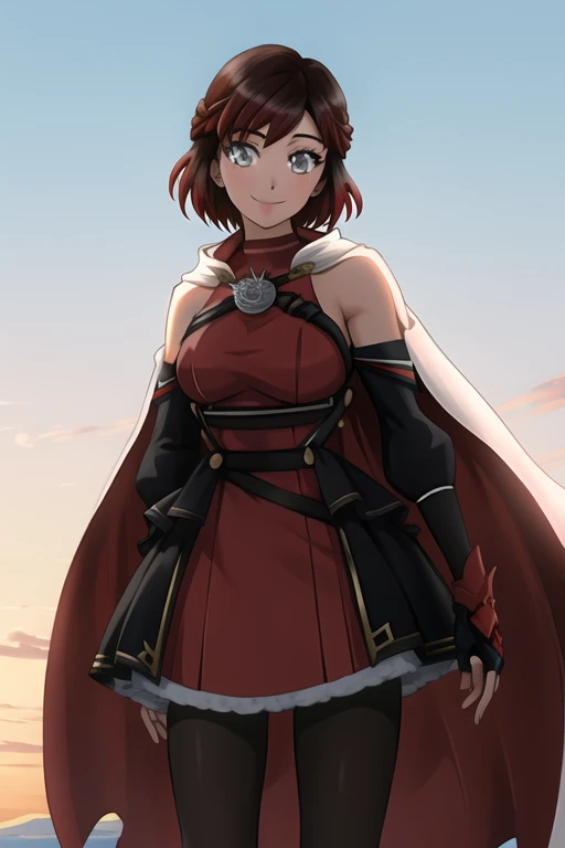 srwby, short hair, black hair, red hair, white cape, gradient hair, grey eyes, smile, standing, Solo, 1girl, Looking at viewer, Masterpiece, Best Quality,