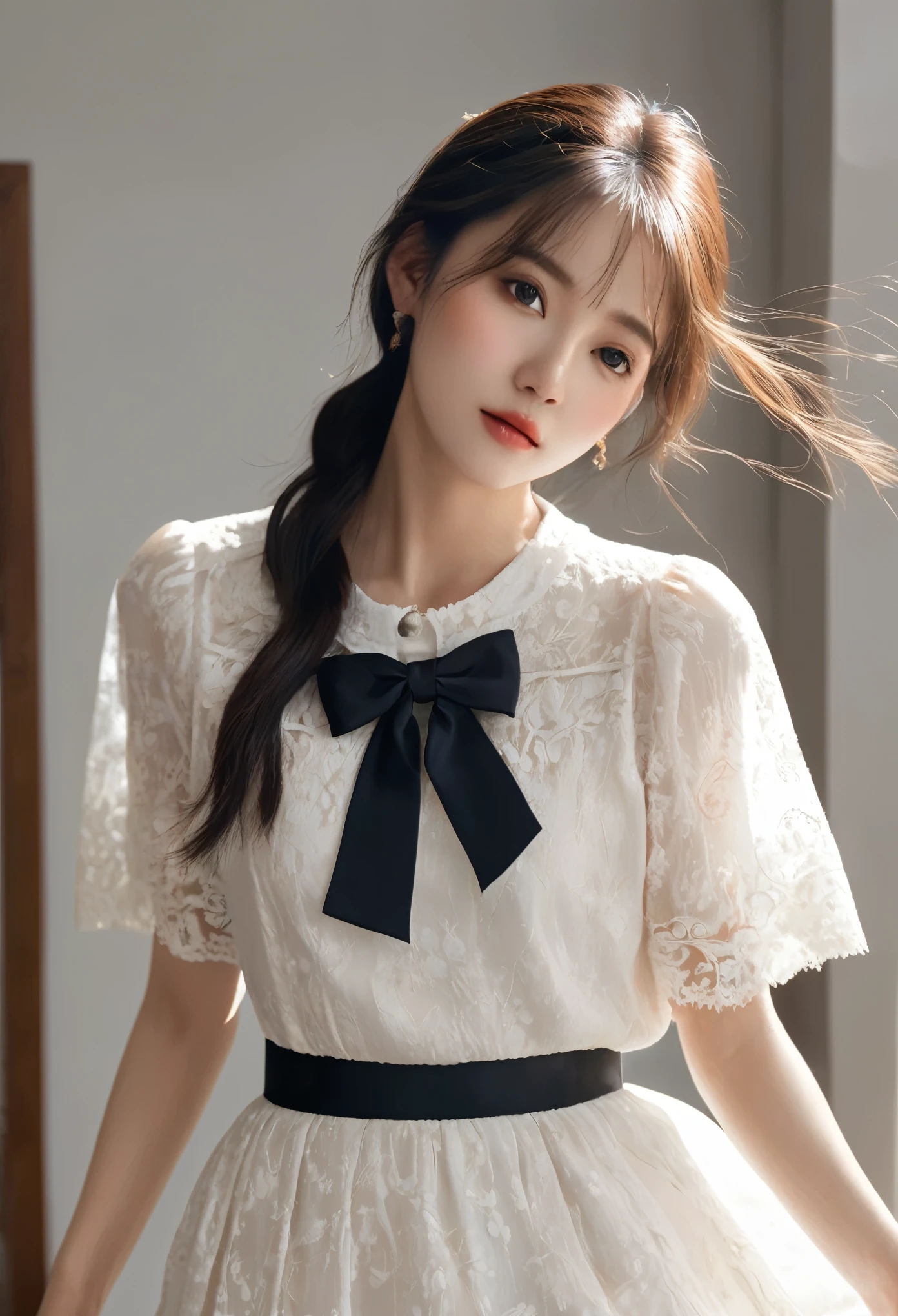 (masterpiece), (最high quality), (Very detailed), (Best Shadow), (photoRealistic:1.4), Frilled blouse, skirt, white ankle socks, (((((A long shot of a woman walking slowly))))), White floral dress, (Bright interior), (Soft Light), (Low contrast), (Shallow depth of field), (portrait of a beautiful woman illuminated by gentle light), (Very delicate and elegant depiction), (Short bangs), (Hair color is dark chestnut with a slight brown tinge), (Hair with subtle and gentle waves), (Small, intricate braids on the side of long hair), (Decorated with thin ribbons), ( White blouse with small frills), (bow tie), (青いロングskirt), (White short ankle socks), Cinema Lighting, One Girl, 16 years old, high quality, masterpiece, Very detailed, High resolution, 4K, 超High resolution, Detailed Shadows, Ultra-realistic, Dramatic lighting, One Girl, alone, Detailed face, Realistic eyes, Realistic Skin, Dynamic Hair, Dynamic pose, Dynamic Angle, White floral dress, White Background, Urzan-6500-v1.1, (RAW Photos:1.2), ( Realistic:1.4), Beautiful detailed girl, very detailed eyes and face, Beautiful attention to detail, Ridiculous, incredibly Ridiculous, Large file size, Very detailed, 