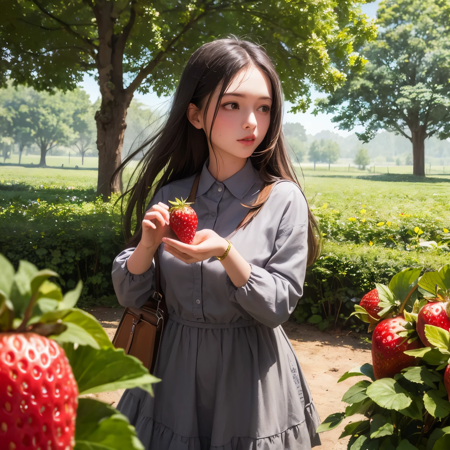 best quality, masterpiece, high resolution, ultra detailed, 1girl picking a strawberry, Strawberry Fields Forever, 