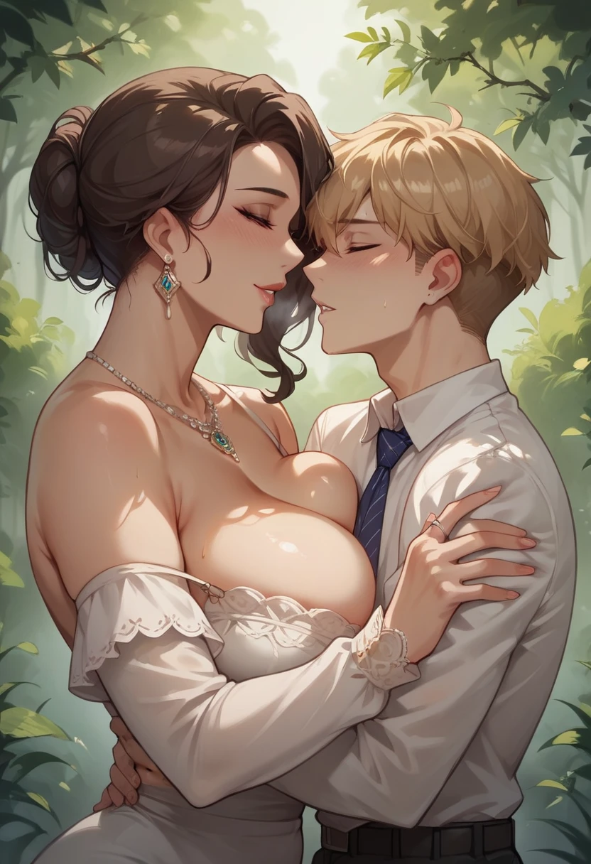 expressiveH, score_9, score_8_up, score_7_up, score_6_up, source_anime, masterpiece, best quality, ultra-detailed, higres, 1boy, 1girl, mature female, mother and boy, boy, tall female and short male, loving expression, mommy, older female, (((indian blouse))), wide hips, curvy, bring your face closer, press your boobs, upper body, standing, close shot, accurate describe shapes, dramatic lighting, outdoors