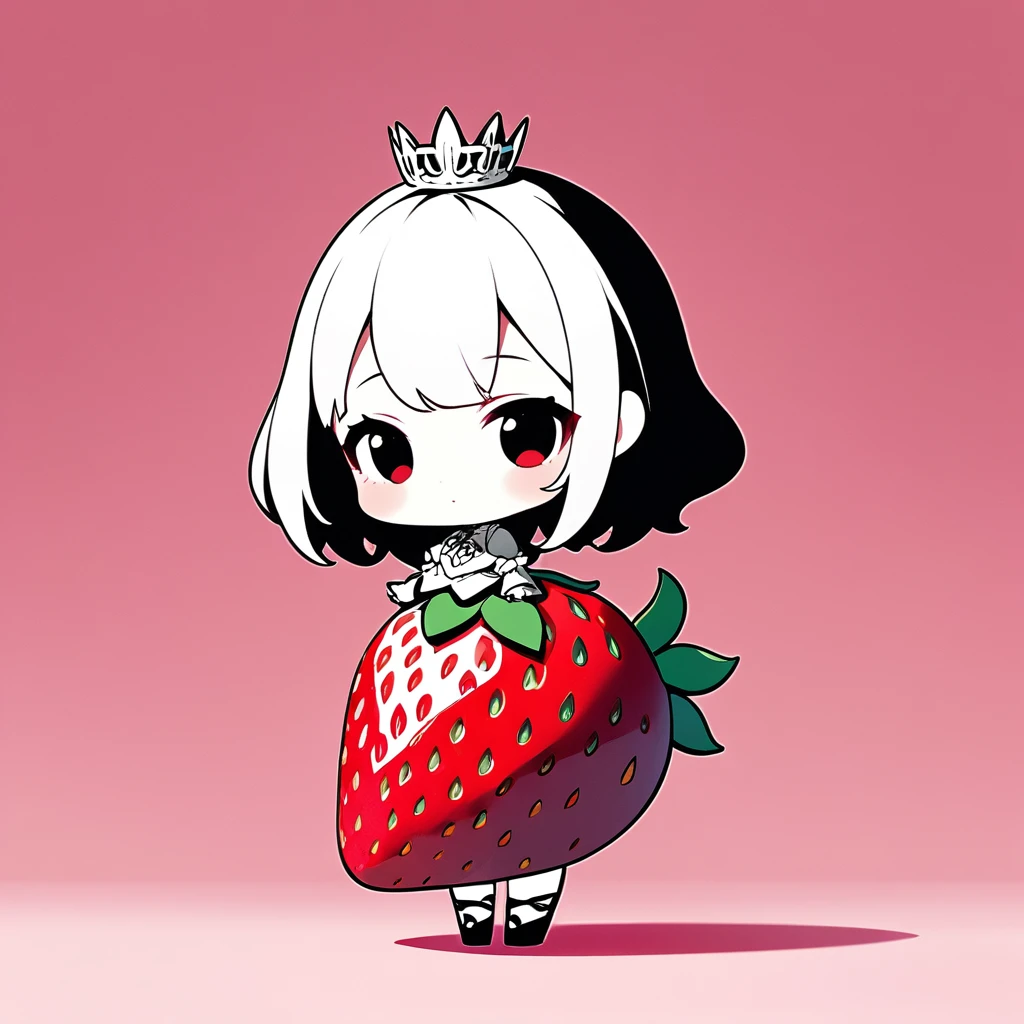ultra-small deformation, Chibi Cute, 1girl, solo, full body, A Strawberry princess is standing between half cut strawberry, High contrast and vivid color, simple bright background