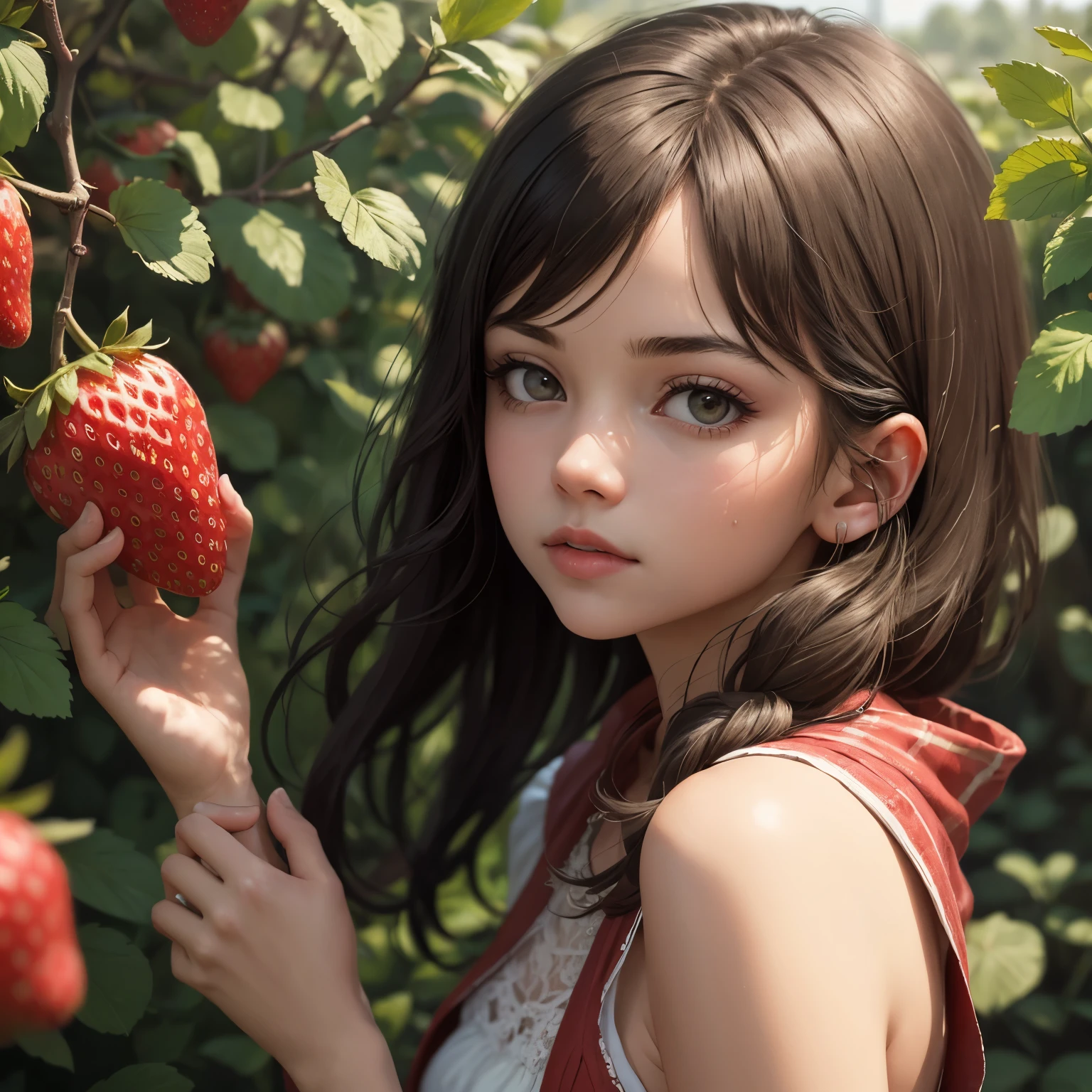 best quality, masterpiece, high resolution, ultra detailed, 1girl picking a strawberry, Strawberry Fields Forever, 