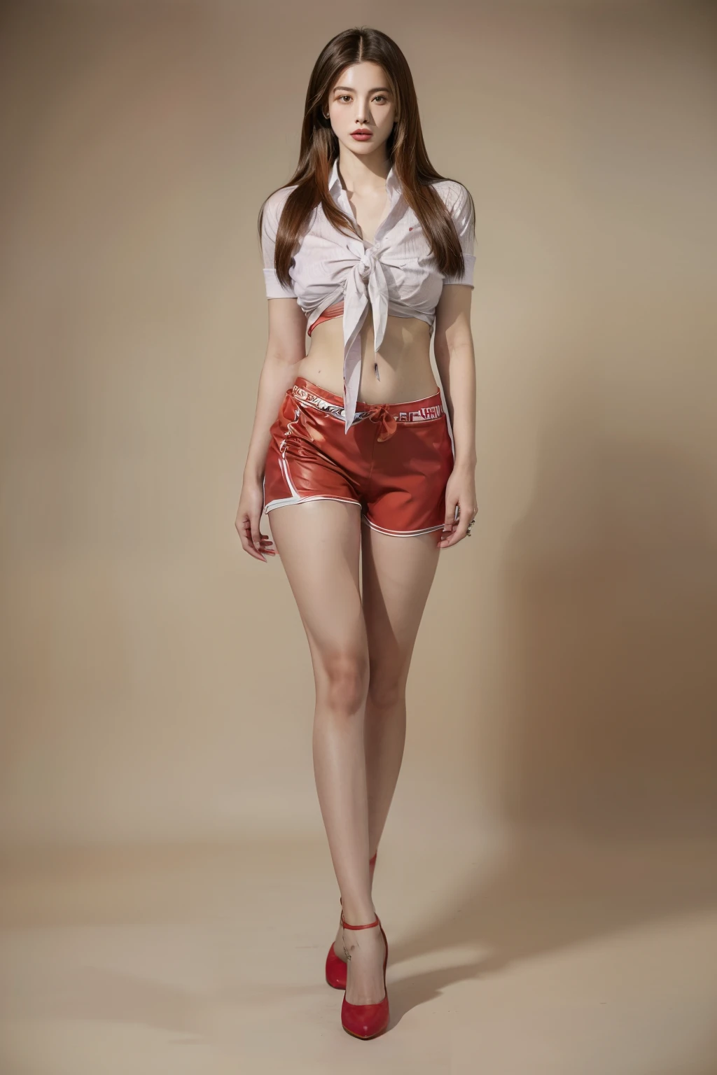 (RAW shooting, Photoreal:1.5, 8k, highest quality, masterpiece, ultra high resolution), perfect dynamic composition:1.2, Highly detailed skin and facial textures:1.2,beautiful and aesthetic:1.2, sexy beauty, perfect style, belief, Strong-willed, revenge, Fair skin, very beautiful face, (large breast, Chest gap), (beautiful eyes)(connie, 1girl, tall, long legs, navel, straight hair, midriff, tied shirt, tight red shorts:2),(simple background:1),(knees together),(standing:1.4),(full body photo:1.4),