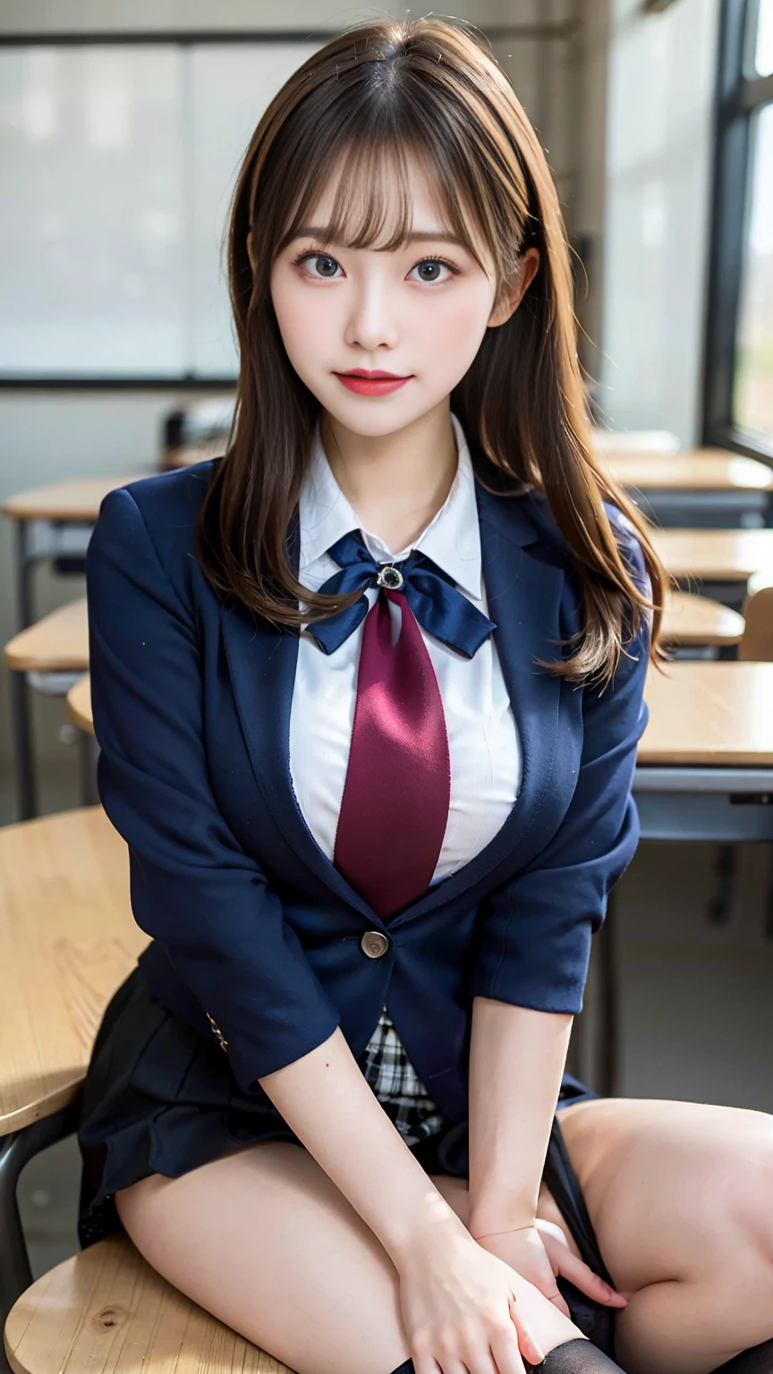 (Masterpiece, Masterpiece, 8k), One beautiful woman, Long blonde hair, blue eyes, A blue ribbon in her hair, High School Outfit, Black blazer, Black Skirt, Blue tie, Big Breasts, Thighs, Wearing high stockings, In the classroom, Serious expression, High resolution, Blur the background, Smile, Medium Bust