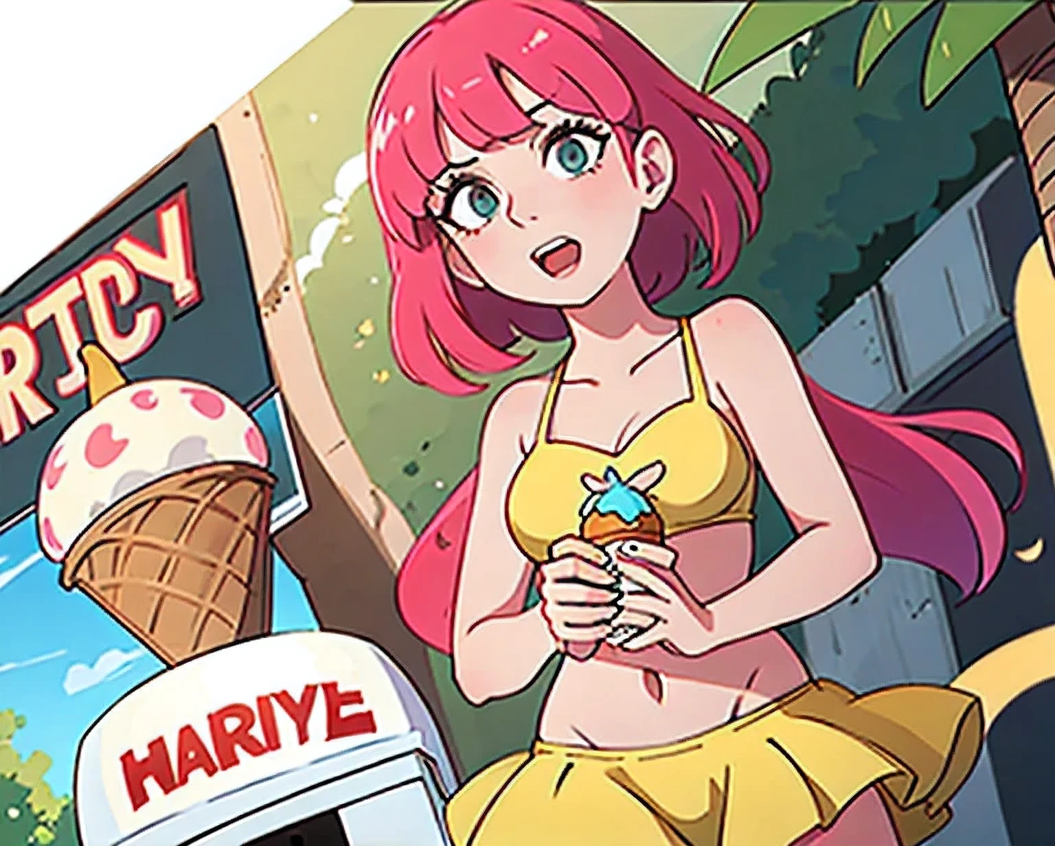 girl in a bikini eating an ice cream cone, eating ice cream, in a bikini, angela white, giorgia meloni, katy perry, in bikini, eating ice - cream, wearing spandex bikini, ice cream on the side, bikini, ice cream, wearing a bikini, candid photo of dirty, shiny plastic bikini, candid shot, cone, 1 girl, solo，in a green dress standing by a wall,portrait of female idol