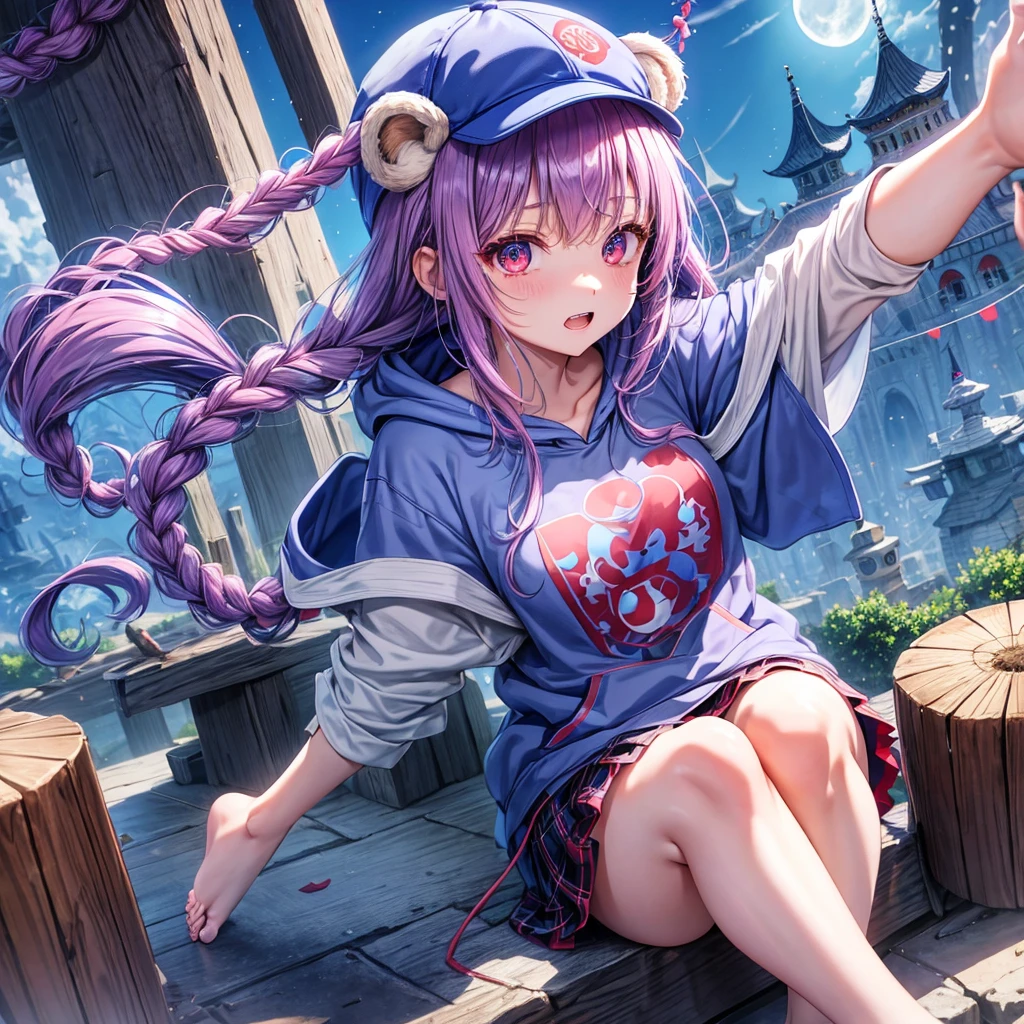 Blue-light purple hair、Red eyes、Braid、One cute girl、solo、And soul、Light clothing、Checked mini skirt、petal、Wet hair、black t-shirts、hoodie、bear ears baseball cap、large tree、cloud、Red full moon、desert、barefoot、Stones are piled up、Teeth are visible、Secret Treasure、Fortress City、Tilting face