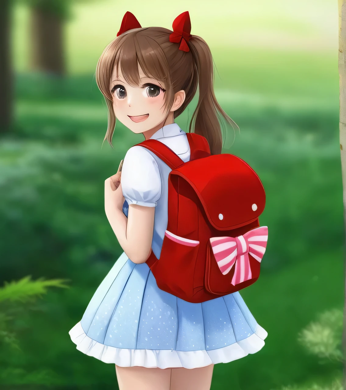 Masterpiece, hd, realistic, 1girl, brown hair, ponytail, hair ribbon, wearing cute dress, frilled dress, party dress, bowtie, standing, outdoor, smile, wearing randoseru backpack,(backpack:1.2)