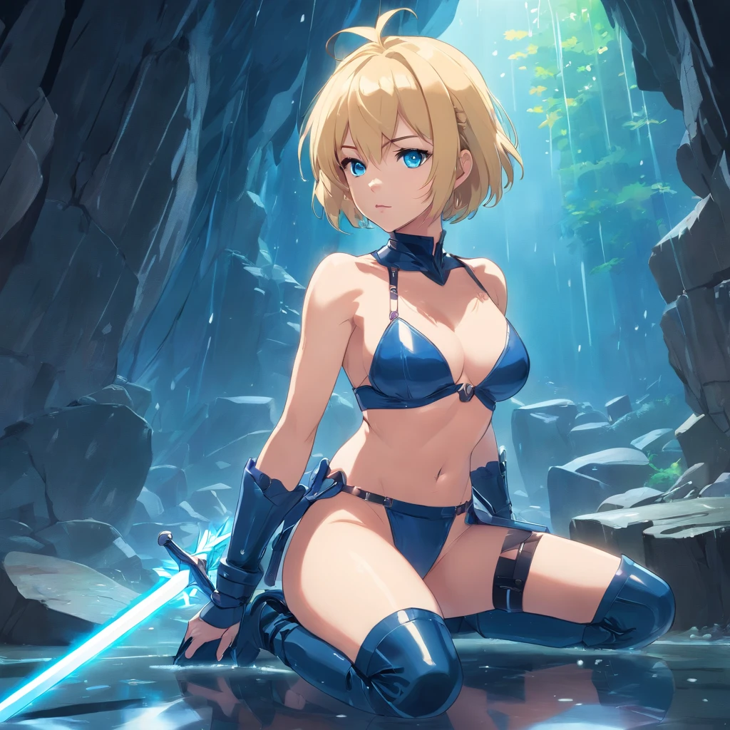 Women, ((Blonde)), ((Blue eyes)), ((Short hair)), ((Full shot)), very detailed makeup, pale pink lipstick, wearing a Leather micro bikini with a light sword in her hand, and Valkyrie Helmet((stiletto boots)), in a cavern low light ((wet floor)) ((full Body))