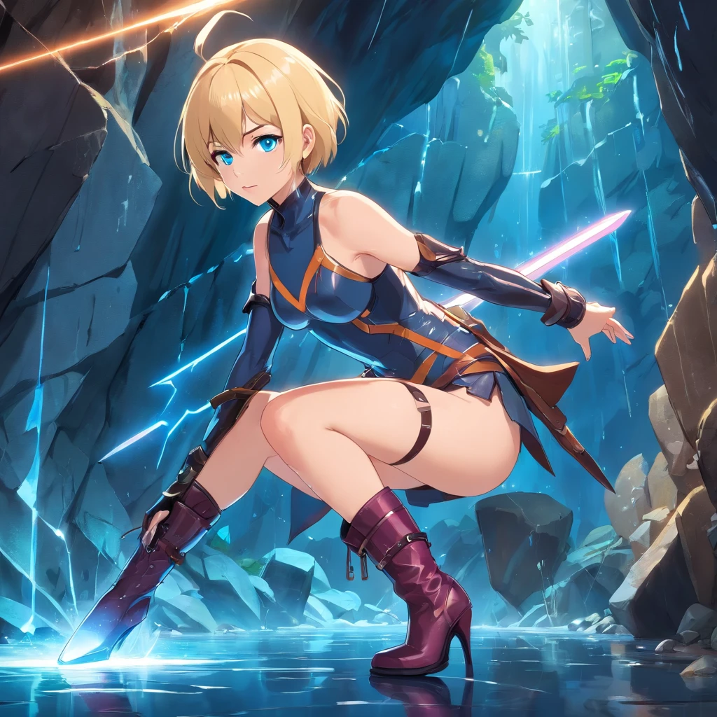 17 years old Women, ((Blonde)), ((Blue eyes)), ((Short hair)), ((Full shot)), very detailed makeup, pale pink lipstick, wearing a Leather micro bikini with a light sword in her hand, and Valkyrie Helmet((stiletto boots)), in a cavern low light ((wet floor)) ((full Body))