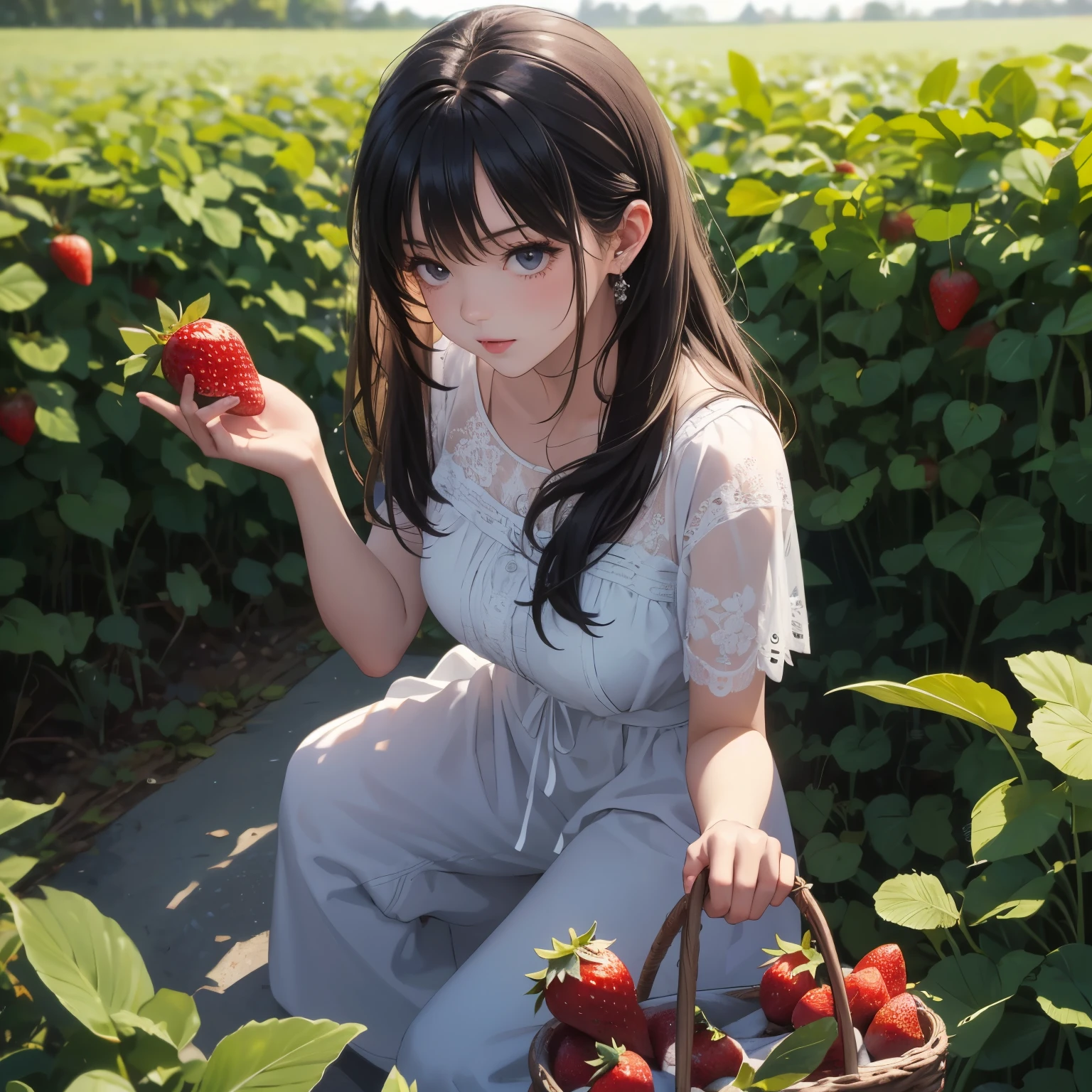 best quality, masterpiece, high resolution, ultra detailed, 1girl picking a strawberry, Strawberry Fields Forever, 