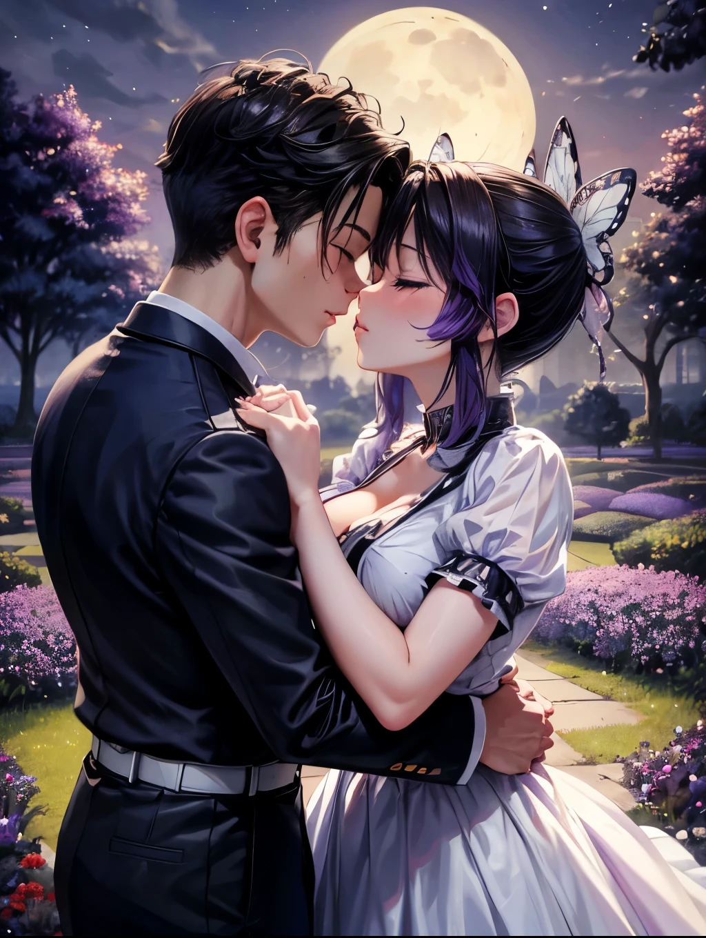 NSFW , HDR , masterpiece , high quality , ultra details , best quality , standing in garden , couple , romantic scene , ((one boy and one girl)) , ((attractive)) , (adult) ,Shinobu ,((hug and kiss)) , ((eyes closed)) ,  ((boy grab her  by hand)) , skirt , purple eyes , cute face , short purple hair , detailed person quality , medium breast , seduce , ((night with moon)), purple flowers, soft light