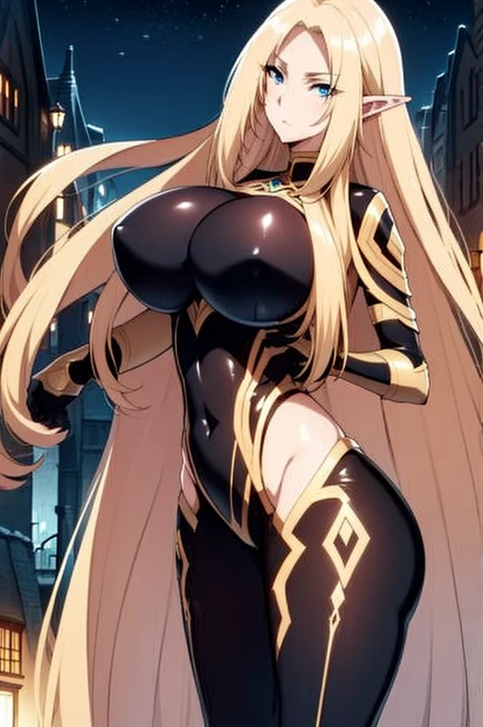 Alpha, blond and long and straight hair, blue eyes, elven ears, black bodysuite, huge breasts, ultra detailed, in the night