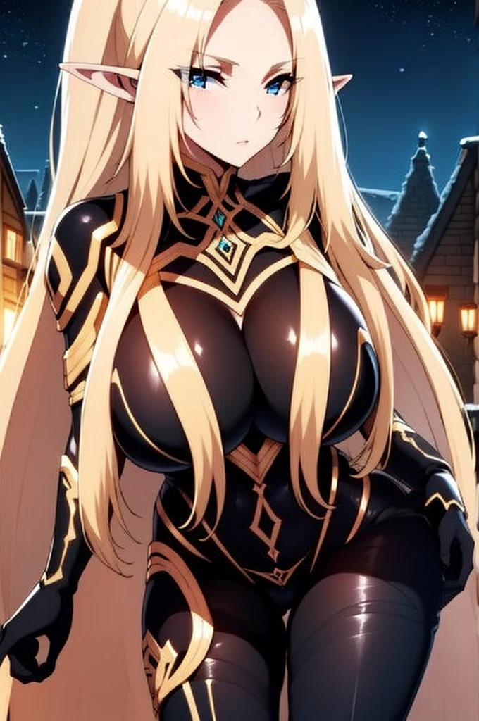 Alpha, blond and long and straight hair, blue eyes, elven ears, black bodysuite, huge breasts, ultra detailed, in the night