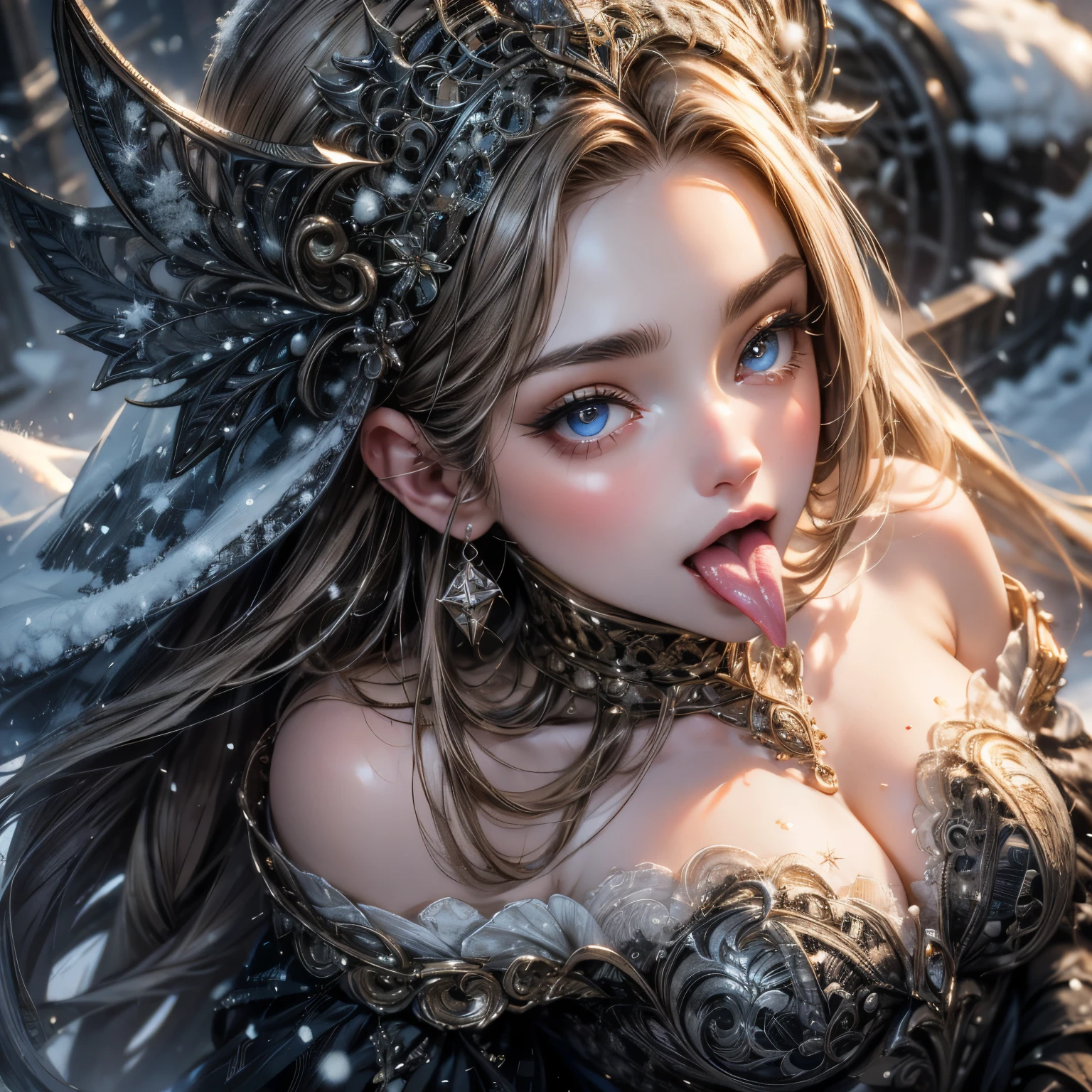 ExtremelyDetailed Kawaii girl Face (Close-up KissableTongue (Kissing to Camera)) glossy lips with beautiful details, Detailed Hair Flow, extremely delicate and beautiful (TopQuality Masterpiece of 8K Ultra-detailed(ProfessionalPhoto:1.37)), {Amazing|finely detail|official art|incredibly absurdres} (close-up:1.22), fish eye lens (wide lens) macro lens, Detailed reflective Eyes with (sparkling highlights:1.28) Detailed(Voluminous LongEyelashes:0.88), {from Above|Visible Uvula|String of saliva drip}, (Off shoulder:1.32), (snow on tongue:1.28) snow particles