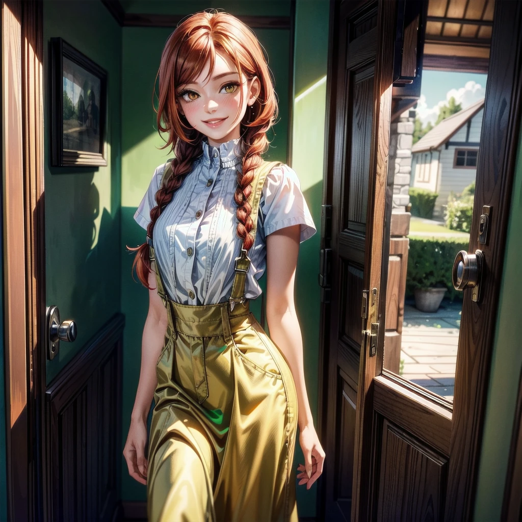 A woman, by the wide, small braids, honey yellow eyes, natural redhead, bright smile, black overalls skirt, a white blouse, warm smile, chest a little big, beautiful body, detailed body, Detailed face, detailed clothing, standing at the entrance of a house facing the door, foreground, head on, Whole body, throw, flirtatious smile., RAW photo, extremely delicate and beautiful, masterpiece, Best Quality, ultra high resolution, 32k, hyperrealistic, ultra-detailed, detailed description,