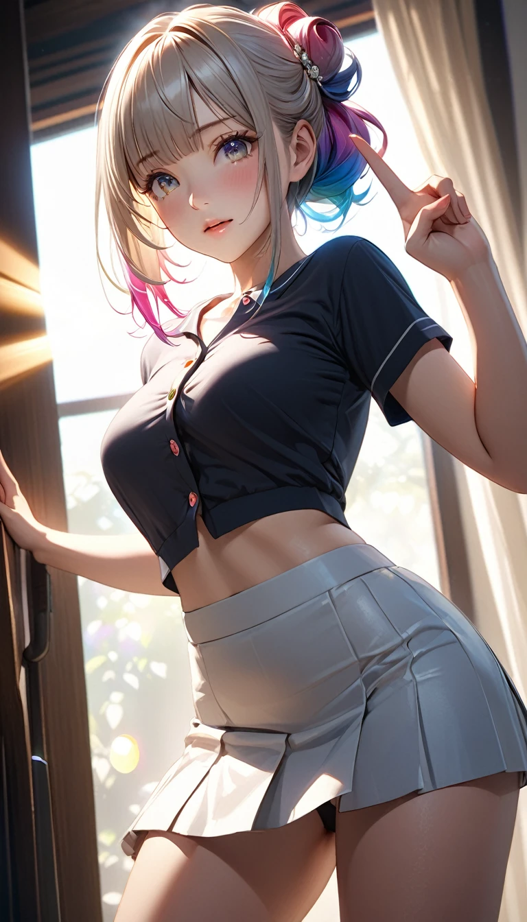 Masterpiece、最high quality、high quality、High definition、High resolution、High detail、Lens flare、Ray tracing method、high qualityの質感、high qualityの影、Beautiful details、Detailed and delicate、Detailed texture、Realistic facial expression、Realistic and colorful、Delicate、Cinematic Light、Side light、Sharp Focus、(1 woman:1.3)、(Intricate details、Makeup、Pure Eros Face_v1:0.5)、(Details Beautiful delicate face、Detailed beautiful delicate eyes、Perfect Facial Proportions、Detailed skin、Charm)、fancy hairstyles、Beautiful bangs、(Two-tone gradient hair color）、slender、(Upturned beautiful breasts)、Raise your arm and make a peace sign、Detailed crotch、Female juice、(Experiencing the best orgasm)、Light-colored V-cut、Light-colored thong、Thigh mini skirt、Low-rise mini skirt、Front-button short-sleeve shirt、Crop top、Low-angle composition