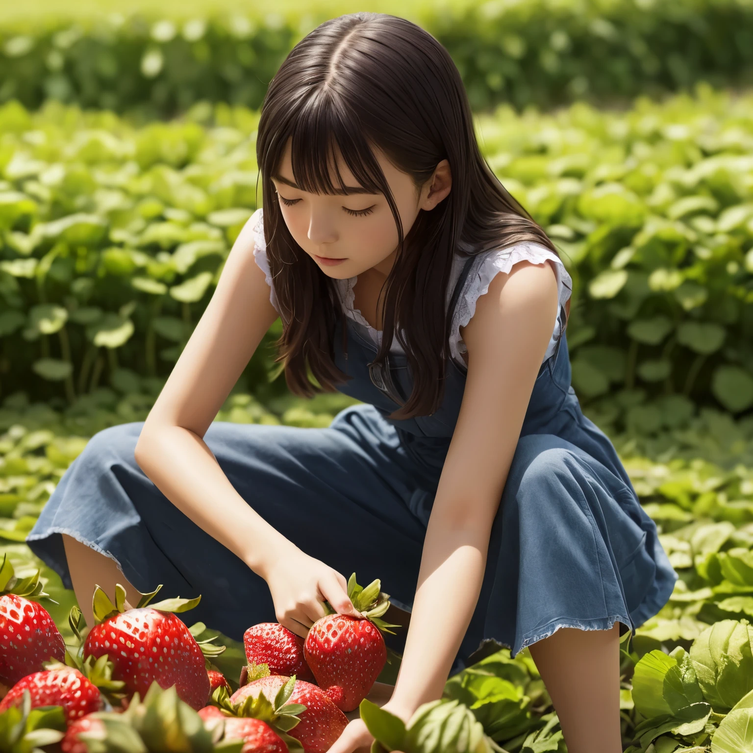 best quality, masterpiece, high resolution, ultra detailed, 1girl picking a strawberry, Strawberry Fields Forever, 