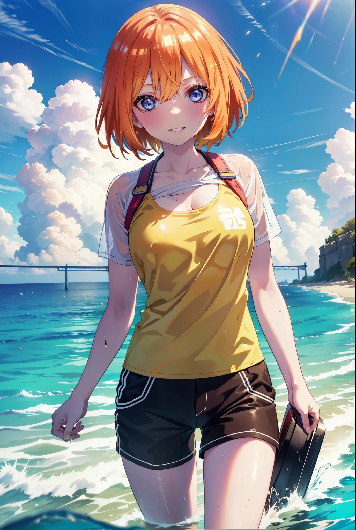 Yotsubanakano, Fourth floor Nakano, bangs, short hair, blue eyes, Hair between the eyes, Orange Hair, smile, Grin,Green T-shirt,Short sleeve,Yellow bikini swimsuit,barefoot,Wet swimsuit,Wet clothes,Wet Skin,Wet Hair,whole bodyがイラストに入るように,
break outdoors,Ocean,Beach,
break looking at viewer,whole body, (Cowboy Shot:1.5),
break (masterpiece:1.2), Highest quality, High resolution, unity 8k wallpaper, (figure:0.8), (Beautiful attention to detail:1.6), Highly detailed face, Perfect lighting, Highly detailed CG, (Perfect hands, Perfect Anatomy),