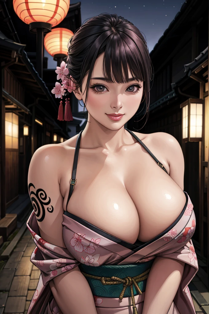(Browsing Caution), (RAW Photos), (Realistic), (Photorealistic), Ultra-high resolution, masterpiece, Highest quality, Portraiture, facial Portraiture, Perfect lighting, Detailed lighting, Dramatic Shadows, Ray Tracing, Pure Eros Face_v1, Urzan-6500-v1.1, ((smile)), random sexy pose, cowboy shot, looking at viewer, ((wearing a sexy kimono)), ((in old Japanese street)), (((bare shoulders))), ((night)), ((background with SAKURA)), ((tattoo)),