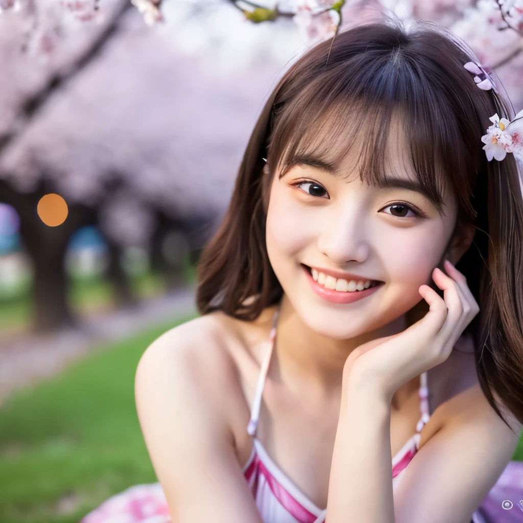 Cute face like an 18-year-old idol　Smiling Kindly　Bikini　Full body portrait　Slightly large bust　Night Park　Cherry blossom viewing under the illuminated cherry blossoms at night　Sit on a picnic sheet　RAW Photos　Genuine　Masterpiece　Highest quality　Ultra-high resolution　A masterpiece of anatomy