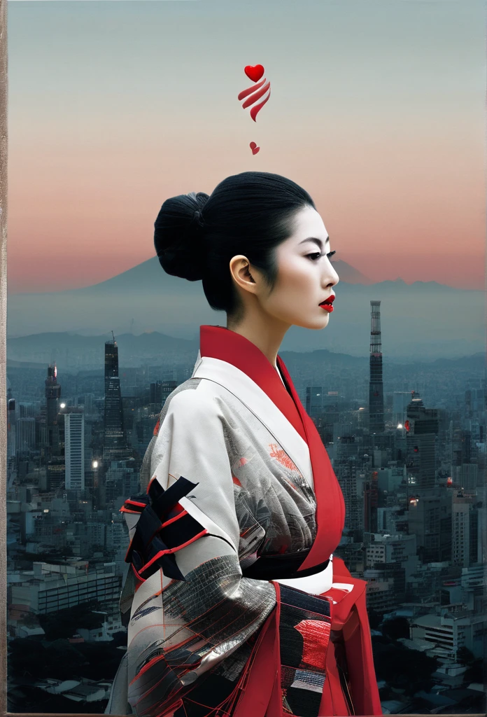 **Horizontal triptych Fusion Collage, multiple Exposure (Japanese Skyline, Heart, Love, Beauty), maximalist Environment, surreal female Samurai Illusion portrait, minimalist and ethereal, Red black white, boundaries dissolve the face of a woman in quiet contemplation, the delicate features disappear at the edges, dadaism woven through the simplistic forms abstract dreamscapes that echo surrealism woven through bizarre neoclassical simplicity
