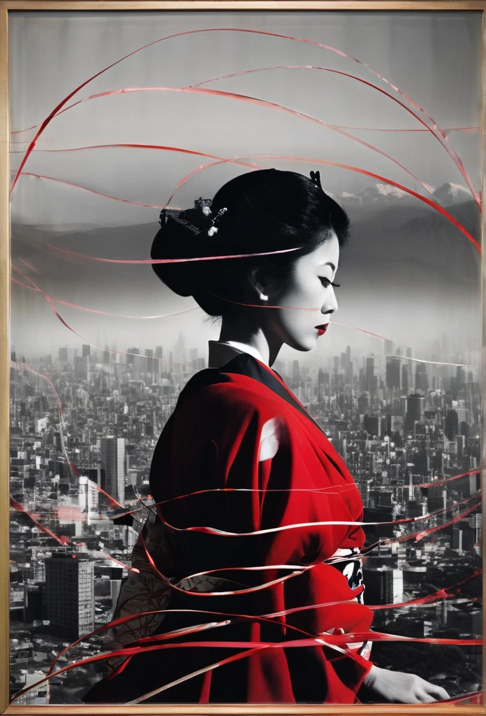 **Horizontal triptych Fusion Collage, multiple Exposure (Japanese Skyline, Heart, Love, Beauty), maximalist Environment, surreal female Samurai Illusion portrait, minimalist and ethereal, Red black white, boundaries dissolve the face of a woman in quiet contemplation, the delicate features disappear at the edges, dadaism woven through the simplistic forms abstract dreamscapes that echo surrealism woven through bizarre neoclassical simplicity