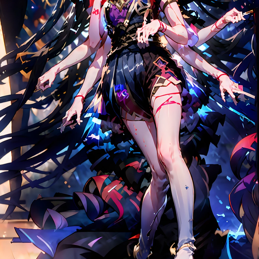 Masterpiece,best quality,best resolution,1 woman,2 heads,details,Firefly character,long gray hair,hair accessories,Blue and purple gradient eyes,blushing,Wearing a white dress with a black cloth draped over the shoulders with a gold pattern, long white sleeves..(blue cloth chest),wearing a long blue skirt,Wear long blue socks.,normal breasts,lying in bed,bedroom background,conjoined twins,Beautiful face,Beautiful hair,beautiful eyes,beautiful body,Beautiful hands , open mouth, smile, be happy, Arms separated, arm circle, (Put your hands on your head....), (lower hand on ankle), (lower hand on leg), Full content in the frame, full body view, (four arms),(Multi-arm),(many hands), Slim shape