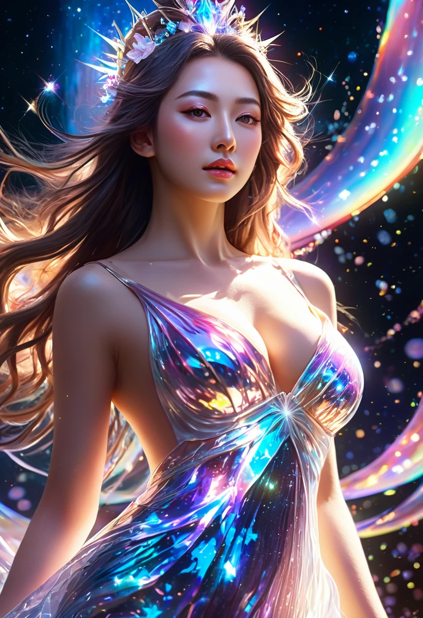 high quality, 8K Ultra HD, Surreal portrait of a stunning woman.
Miss, Long hair, Sunlight, Big Breasts, iridescent dress, Luminescence stars, Digital Illustration, Luminescence stars, Deflection peak, Chromatic Aberration, Bloom and (Luminescence, holographic foil:0.6), Beautiful fantasy queen, Gu Weiss, Ruan Jia and Artgerm, Beautiful fantasy girl, Japanese Goddess, The inside is empty，She didn&#39;t even wear, When she moves her body, Two fat and white breasts swinging left and right, Under the friction of clothes, Two lotus seed-sized nipples actually stood up, Her clothes were protruding with two sharp corners.,