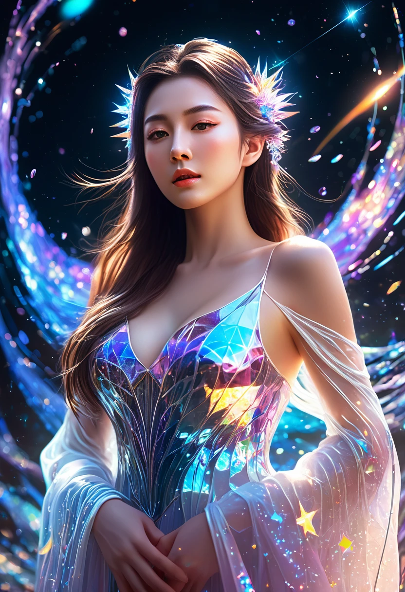 high quality, 8K Ultra HD, Surreal portrait of a stunning woman.
Miss, Long hair, Sunlight, Big Breasts, iridescent dress, Luminescence stars, Digital Illustration, Luminescence stars, Deflection peak, Chromatic Aberration, Bloom and (Luminescence, holographic foil:0.6), Beautiful fantasy queen, Gu Weiss, Ruan Jia and Artgerm, Beautiful fantasy girl, Japanese Goddess, The inside is empty,She didn't even wear, When she moves her body, Two fat and white breasts swinging left and right, Under the friction of clothes, Two lotus seed-sized nipples actually stood up, Her clothes were protruding with two sharp corners.,