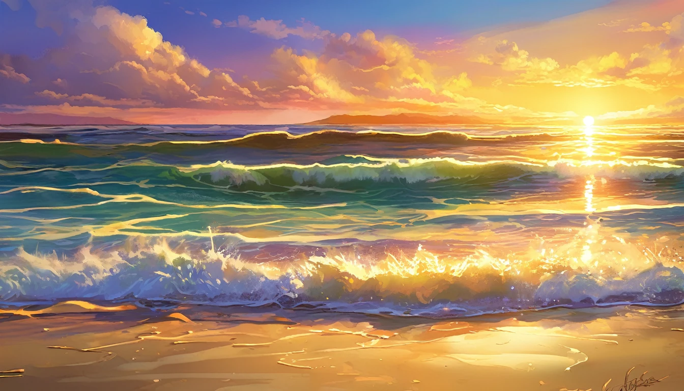 Create a sunrise beach view that gives hope. Sunrise glows golden brown、Creates a canvas-like art style