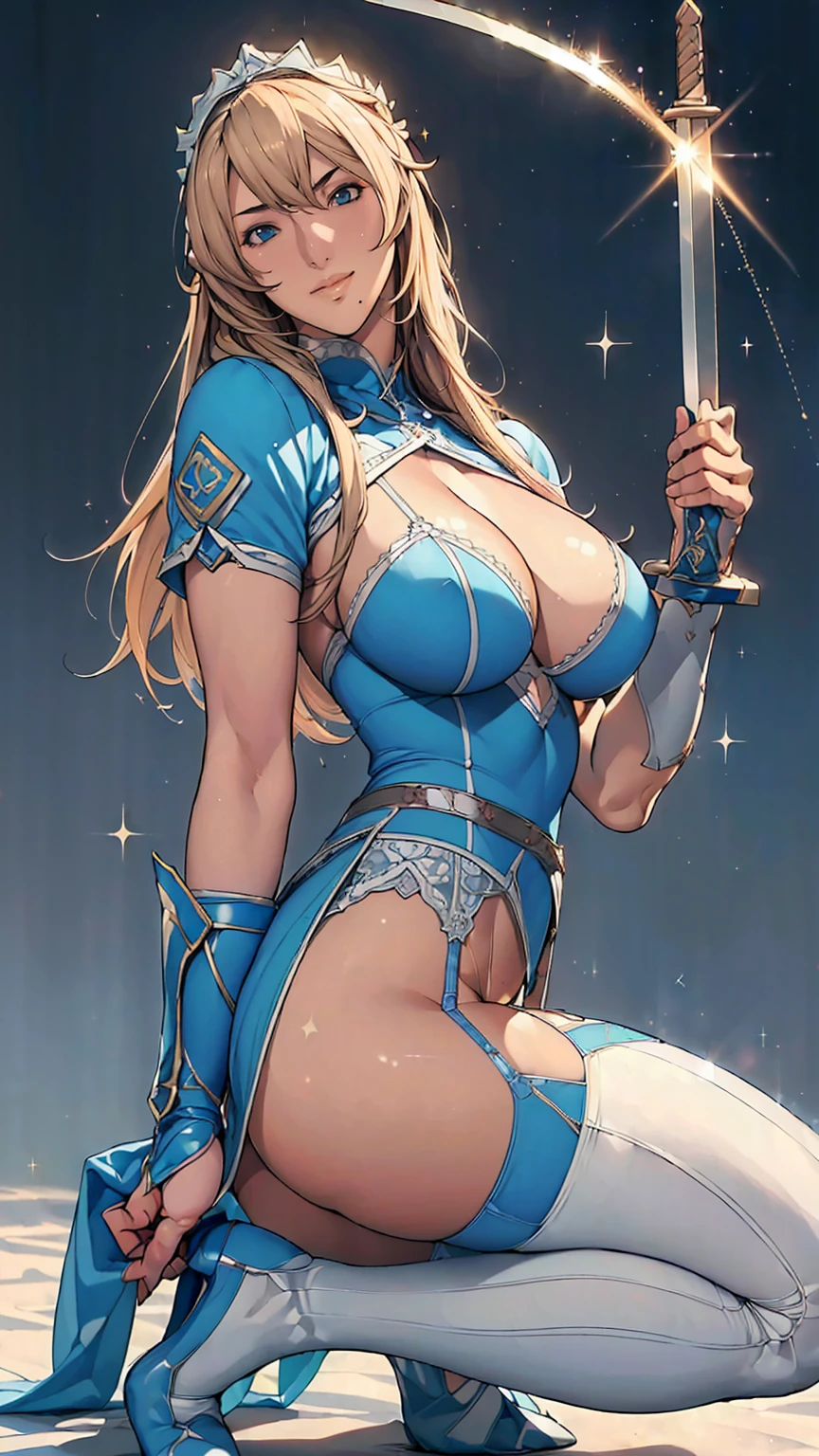 Browsing Caution,Sensual, Long blonde hair, Thick thighs, 8k, 4K, Highest quality, (High resolution:1.6), Cute anime face, Noise Reduction, (Sparkling Blue Eyes, A kind smile:1.3, Kind eyes:1.3)、Mature adult woman、 squatting, spread legs, Young Face, Anime Eyes, Sophitia Alexandra、(Sword in right hand:1.5)、(Equipped with a shield on the left arm:1.5)、(SFW Giant:1.9)、(Beautiful Nose:1.5)、Long tights、Knee-high boots、(garter belt:1.5)、Beautiful Hands、Beautiful fingers、(High cut thong:1.5),In the forest where goblins can be seen'study,