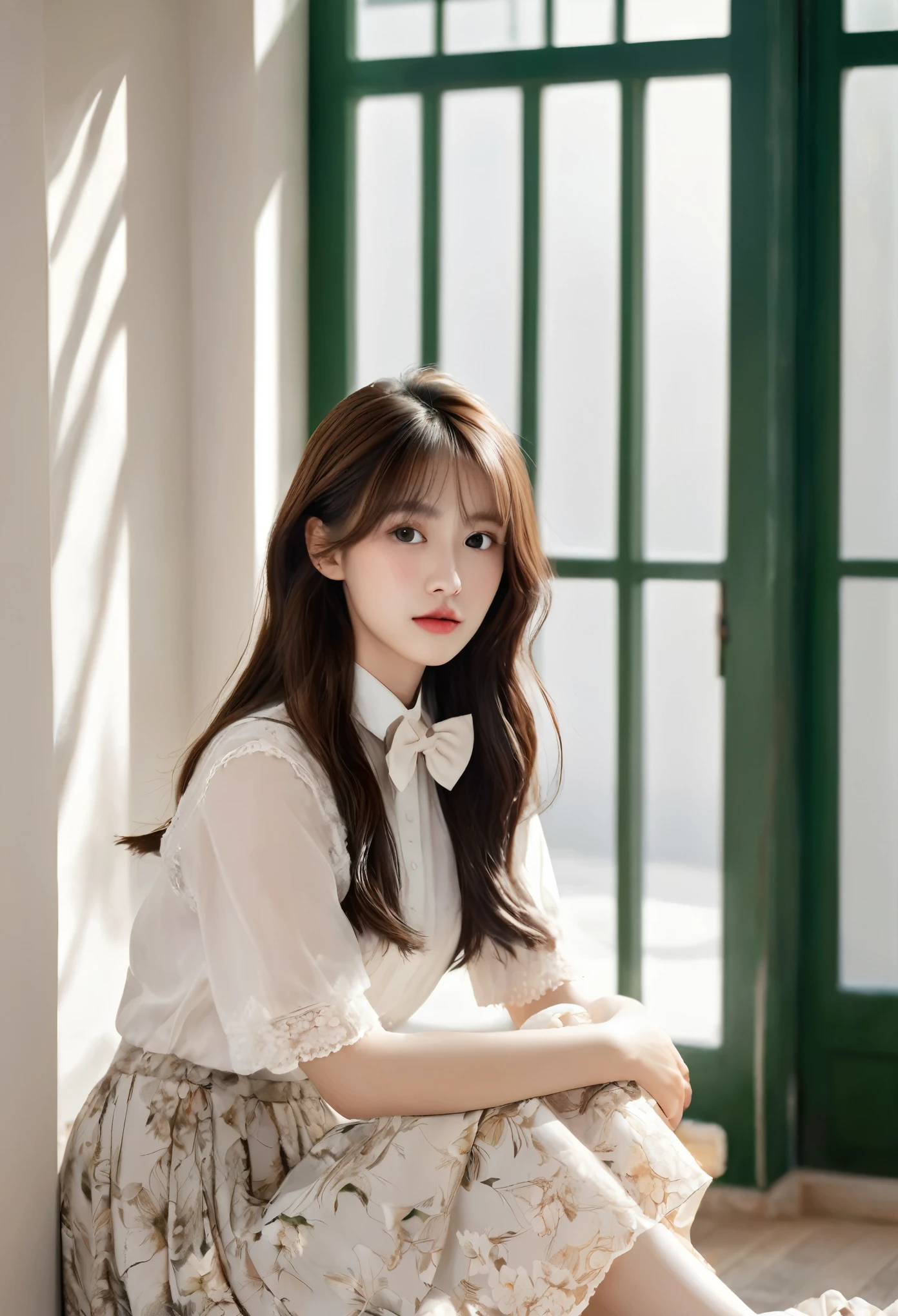 (masterpiece), (最high quality), (Very detailed), (Best Shadow), (photoRealistic:1.4), Frilled blouse, skirt, white ankle socks, (((((A long shot of a woman walking slowly))))), White floral dress, (Bright interior), (Soft Light), (Low contrast), (Shallow depth of field), (portrait of a beautiful woman illuminated by gentle light), (Very delicate and elegant depiction), (Short bangs), (Hair color is dark chestnut with a slight brown tinge), (Hair with subtle and gentle waves), (Small, intricate braids on the side of long hair), (Decorated with thin ribbons), ( White blouse with small frills), (bow tie), (青いロングskirt), (White short ankle socks), Cinema Lighting, One Girl, 16 years old, high quality, masterpiece, Very detailed, High resolution, 4K, 超High resolution, Detailed Shadows, Ultra-realistic, Dramatic lighting, One Girl, alone, Detailed face, Realistic eyes, Realistic Skin, Dynamic Hair, Dynamic pose, Dynamic Angle, White floral dress, White Background, Urzan-6500-v1.1, (RAW Photos:1.2), ( Realistic:1.4), Beautiful detailed girl, very detailed eyes and face, Beautiful attention to detail, Ridiculous, incredibly Ridiculous, Large file size, Very detailed, 