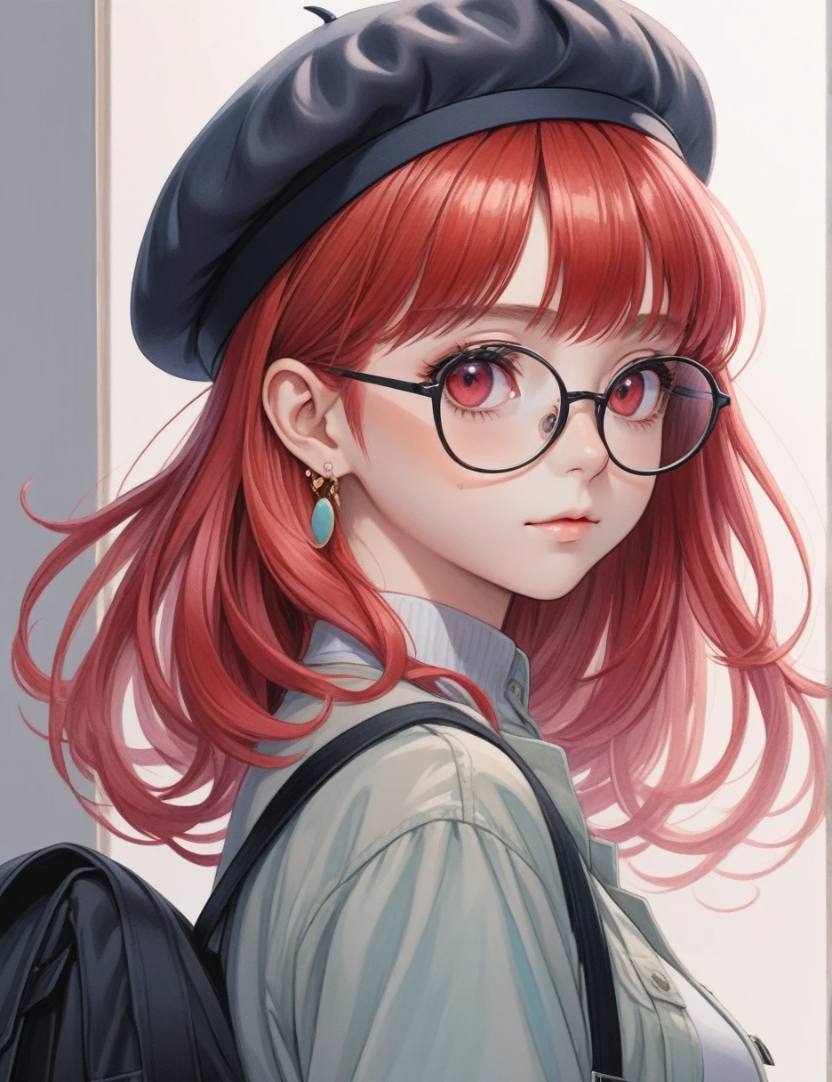 masterpiece, ultra-detailed, highly detailed, best quality, 1girl, looking at viewer, solo, red hair, multicolored hair, streaked hair, hair over shoulder, red eyes, wearing glasses, blunt bangs, hairband, earrings, beret,pastel colors, soft shading, flat color