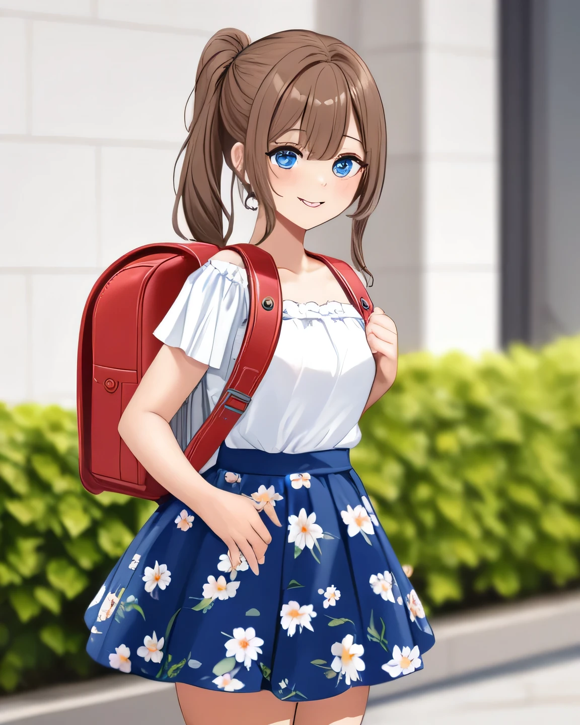 masterpiece, best quality, highres, 1girl, long hair, one side up, solo, ponytail,brown hair, blue eyes, bare shoulders, pink shirt, floral print, short sleeves, off-shoulder shirt, frills, blue skirt, cowboy shot, smile,standing, fullbody, wear high heels, wearing randoseru backpack, (randoseru backpack:1.1), outdoor, day