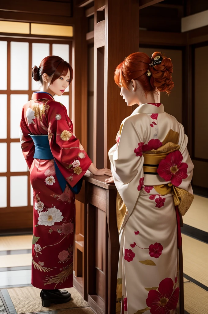 kimono、Tall Asian woman with golden hair、Short Asian woman with red hair、stand、Back view