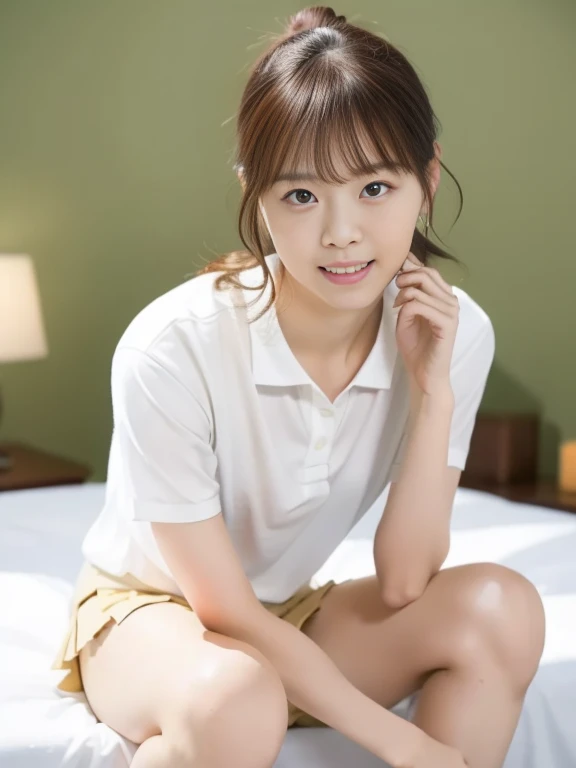 (Masterpiece, Best quality: 1.4), (Ultra realistic, Photo-realistic: 1.2), kneeling, Spread legs, Looking at viewer, Natural light, 30 years old actress, Japanese women, Neat and clean, ((Wearing white tennis uniform, White short-sleeve polo shirt with collar, Not buttoning the polo shirt, White pleated skirt: 1.2)), (Short wavy hair: 1.2), Light brown hair color, (Beautiful Face), Oval face, clear, (Beautiful eyes, Kind eyes), (Clear skin), Small face, (Small mouth, Beautiful mouth), Natural makeup, (Wearing white socks: 1.1), Approachable, Hotel Suite room,On bed, Seductive smile, Seductive pose, Beautiful thighs, Bedroom eyes, Embarrassed, blush