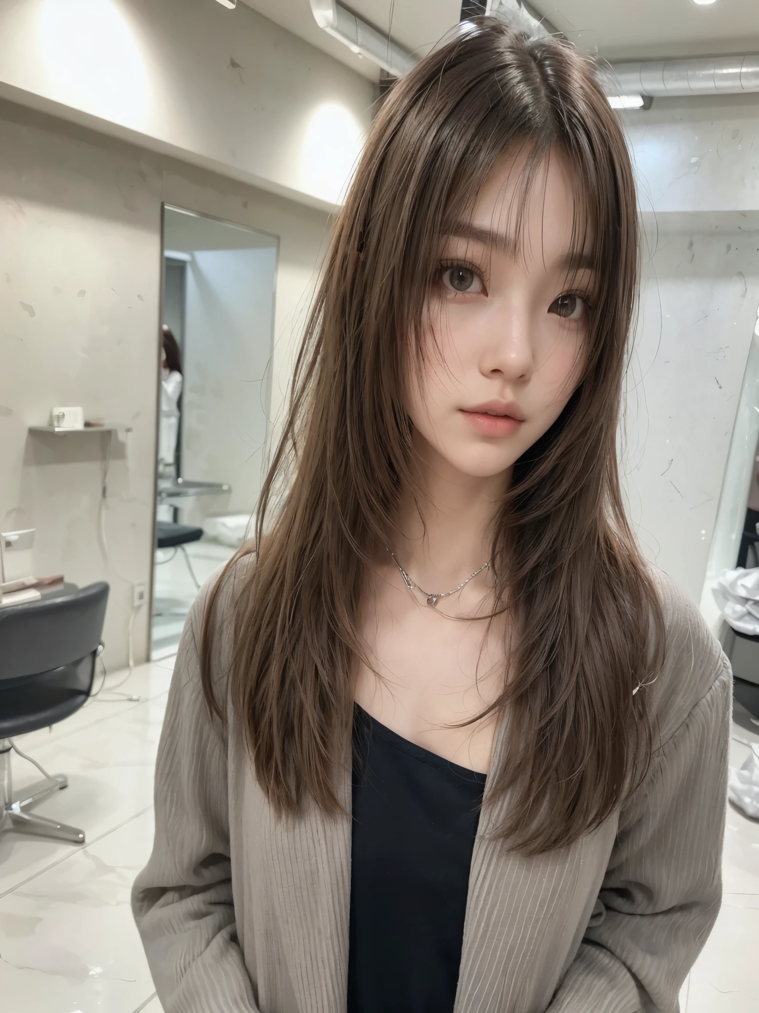A hair model photo for Instagram. Long layered style, shaggy style with the ends of the hair around the face towards the center of the lips and more towards the midline of the body. Smooth and neat hair. A very beautiful Japanese woman in her 20s, like a model. The hair is long and layered with the ends towards the midline. The bangs are long enough to cover the eyebrows and light enough to show the forehead. The hair color is light ash brown. The white outfit is a trendy summer fashion. A simple silver necklace. The background is a gray wall. 35mm film style.One girl, High resolution, Long Hair, Highest quality, 