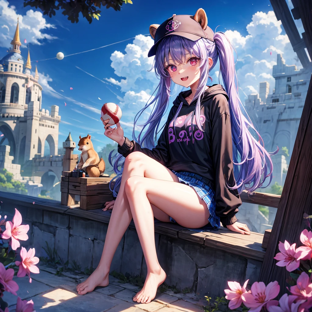 Blue-light purple hair、Red eyes、Braid、One cute girl、solo、And soul、Light clothing、Checked mini skirt、petal、Wet hair、black t-shirts、hoodie、bear ears baseball cap、large tree、cloud、Red full moon、desert、barefoot、Stones are piled up、Teeth are visible、Secret Treasure、Fortress City、Tilting face、Squirrel on head