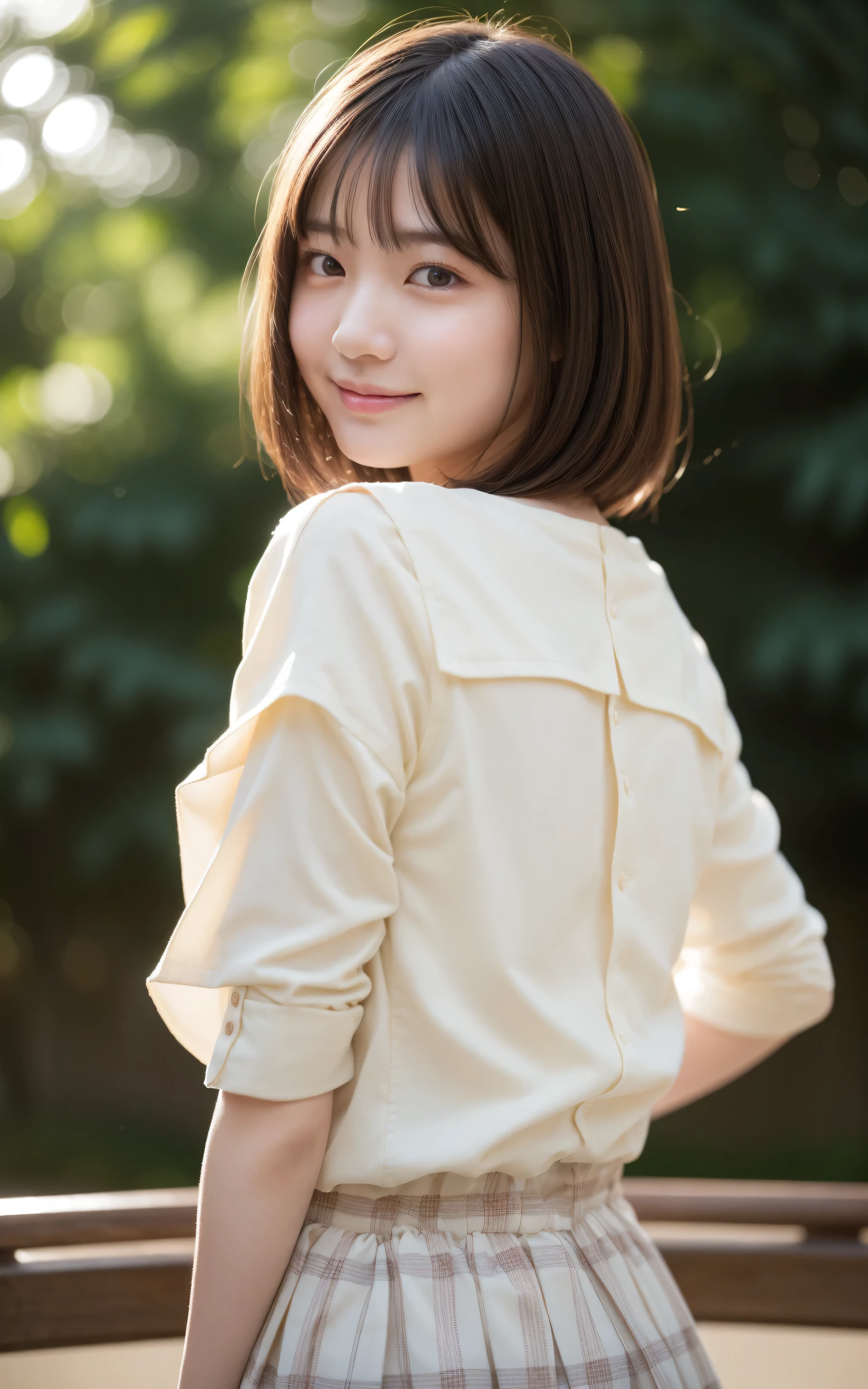 （8k、live-action、Raw photo、Highest quality、masterpiece：1.2),(playground、Outdoors,Front lighting:1.2),((Perfect lighting)),(Long Bob Cut),Watching the audience,Hug pose, smile,Erotic,18-year-old,student,White skin,knees,Small Face,前hairを真ん中から分けます、The forehead is visible,skinny,skinny)、masterpiece,Highest quality、超A high resolution,One person, solo,Full Body Shot、(Are standing:1.2)、cute、Back to Students,(Light clothing:1.3),High school girl,Japanese women,（フォトReal：1.37）、Photon Mapping,Realistic、cuteSmall Face,Brown eyes、prospect、Depth of written boundary、Blurred Background、Real,(前hairが見える), hair, kneesが見える, thigh,(Nogizaka Idol), actress、Big and ample breasts、Cleavage、Super fine、(Skin with visible pores:1.2)、(Focus on the face)、Natural neck、Check and correct the skeleton