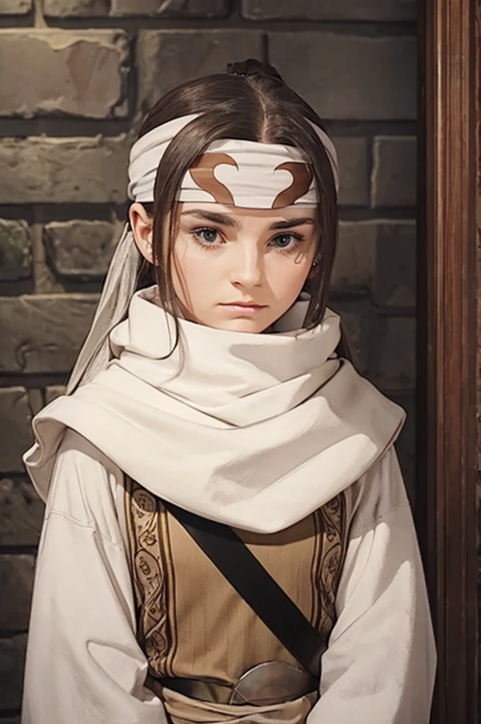 A woman with long hair, wearing a cowl and a headband on her forehead, standing in a small room, guarding and protecting the area, watching intently, with a sword on her back, detailed emotions on her face