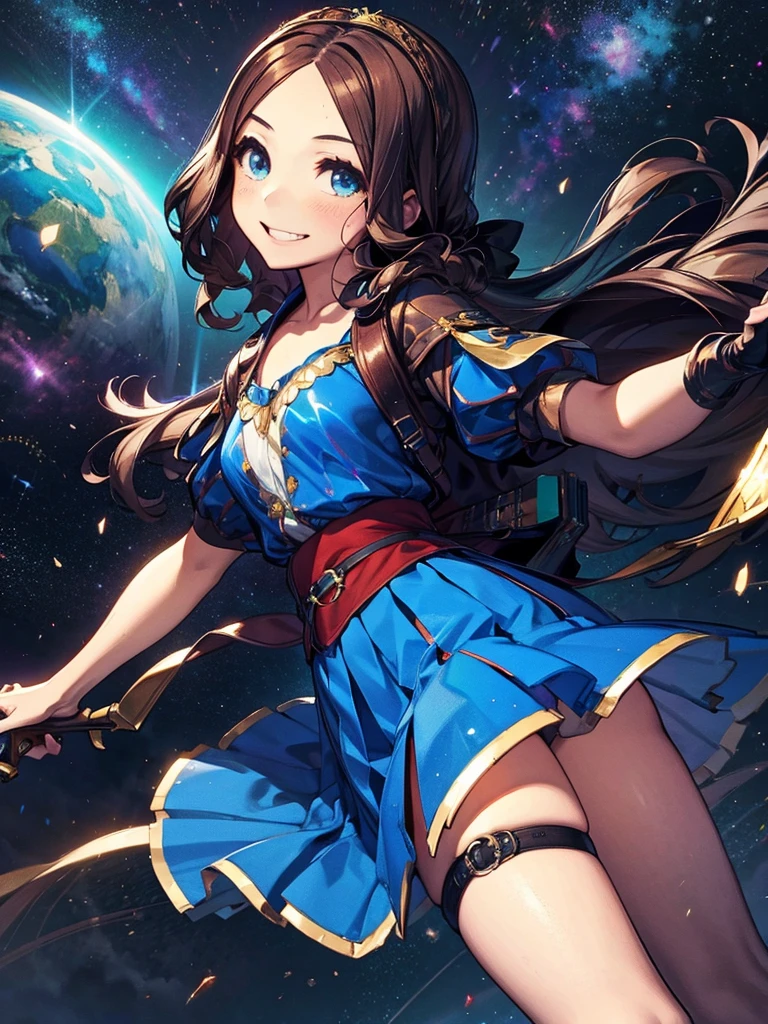 Leonardo da Vinci,  1 girl,Highest quality,((Highest quality)),((Tabletop)),((Perfect Face)),1 girl,smile,beauty,((Holographic)),Shooting stars flow,Fantastic,Cinematic,Like the cover of a movie