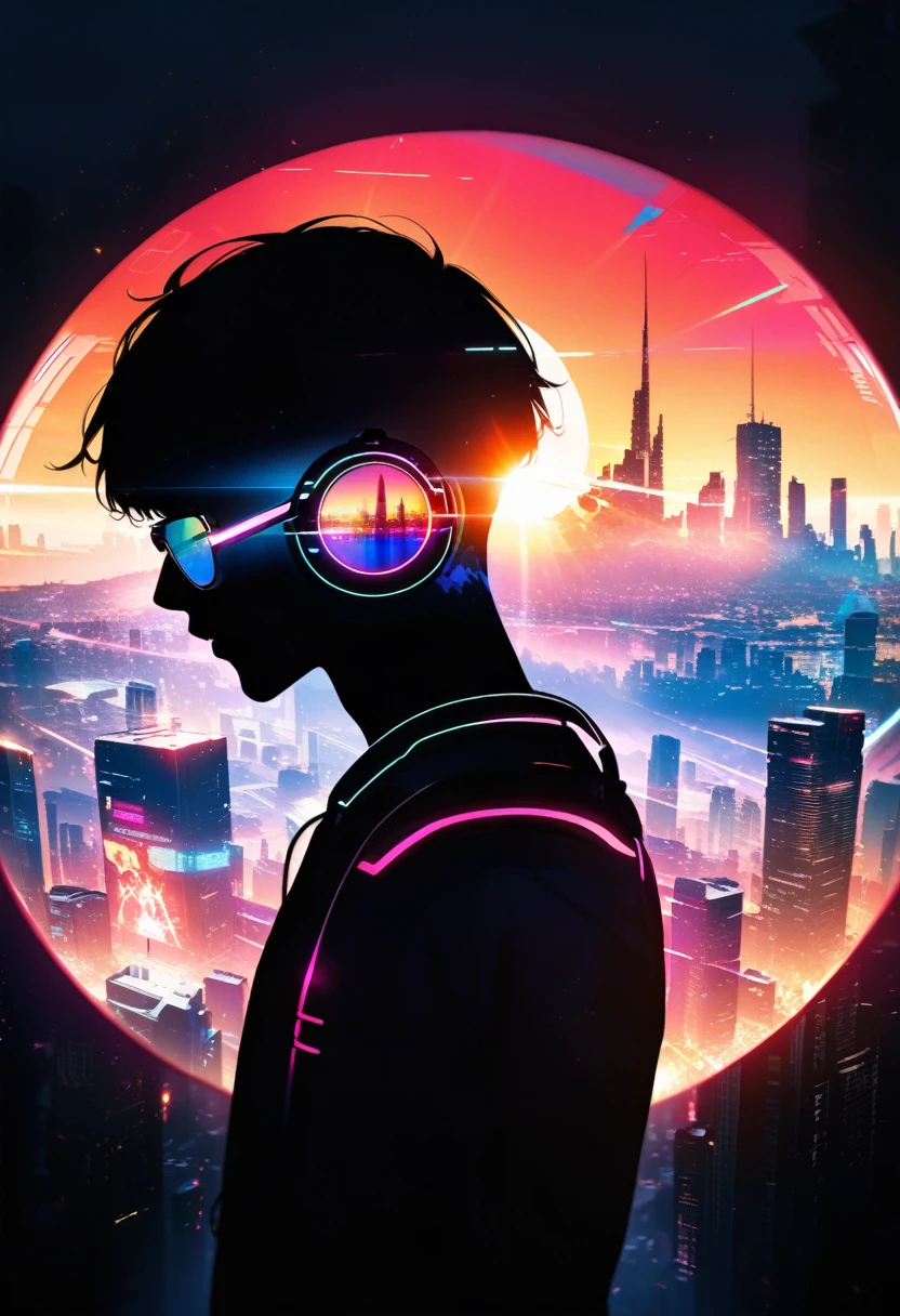 silhouette of a man in profile. short hair, (((sun glasses:1.3))), (headphones:1.3), Inside the silhouette you can see the with a deep cyberpunk, city, supernova explosion, cyberpunk night city back ground（masterpiece), ((double exposure)), proportional.,DOUBLE EXPOSURE