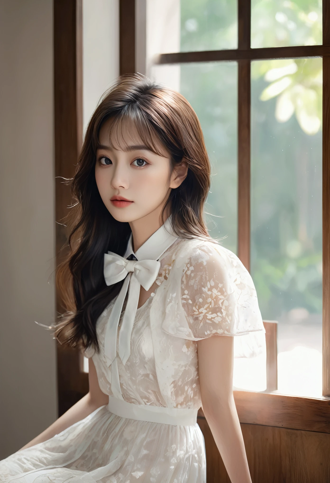 (masterpiece), (最high quality), (Very detailed), (Best Shadow), (photoRealistic:1.4), Frilled blouse, skirt, white ankle socks, (((((A long shot of a woman walking slowly))))), White floral dress, (Bright interior), (Soft Light), (Low contrast), (Shallow depth of field), (portrait of a beautiful woman illuminated by gentle light), (Very delicate and elegant depiction), (Short bangs), (Hair color is dark chestnut with a slight brown tinge), (Hair with subtle and gentle waves), (Small, intricate braids on the side of long hair), (Decorated with thin ribbons), ( White blouse with small frills), (bow tie), (青いロングskirt), (White short ankle socks), Cinema Lighting, One Girl, 16 years old, high quality, masterpiece, Very detailed, High resolution, 4K, 超High resolution, Detailed Shadows, Ultra-realistic, Dramatic lighting, One Girl, alone, Detailed face, Realistic eyes, Realistic Skin, Dynamic Hair, Dynamic pose, Dynamic Angle, White floral dress, White Background, Urzan-6500-v1.1, (RAW Photos:1.2), ( Realistic:1.4), Beautiful detailed girl, very detailed eyes and face, Beautiful attention to detail, Ridiculous, incredibly Ridiculous, Large file size, Very detailed, 