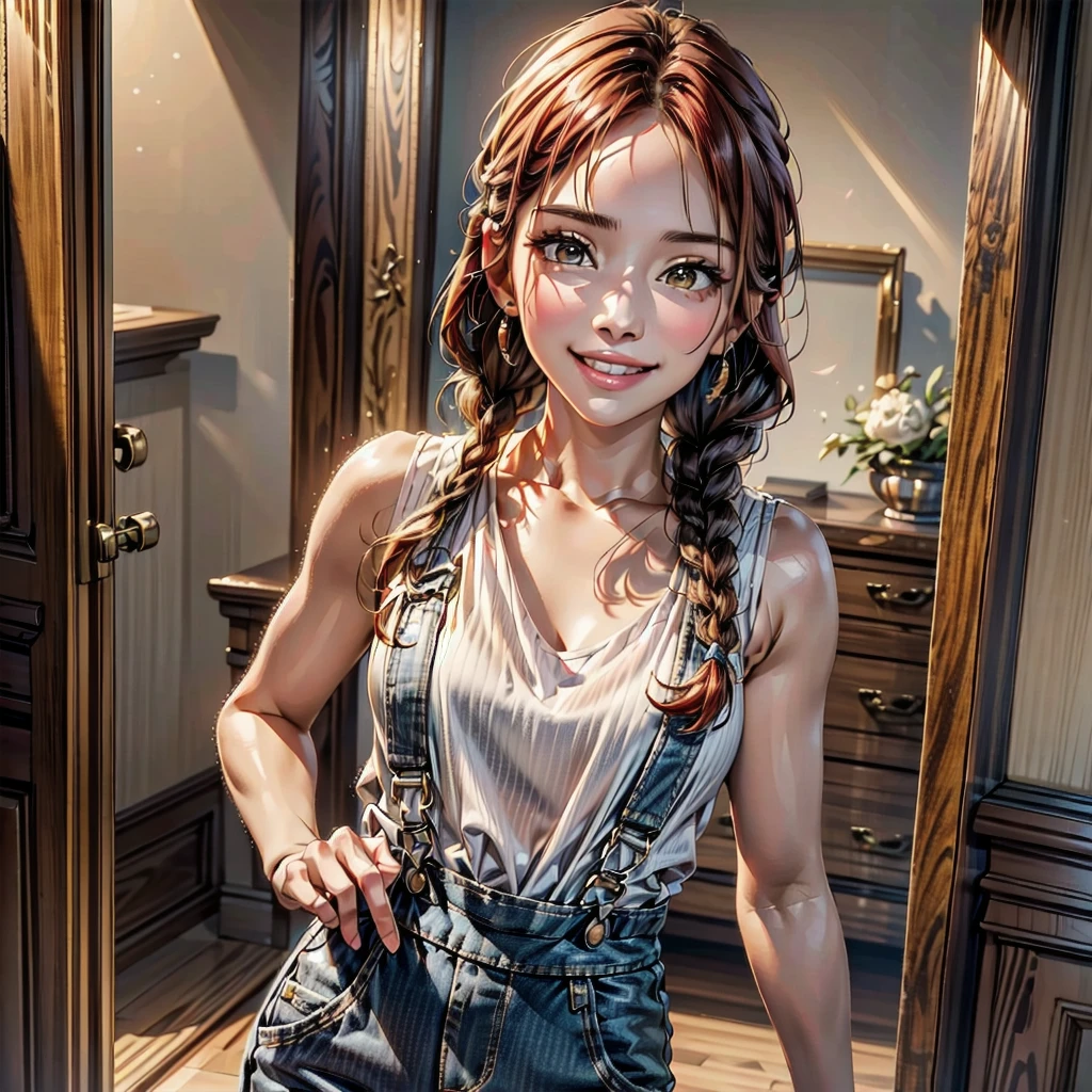 A woman, by the wide, small braids, honey yellow eyes, natural redhead, bright smile, black overalls skirt, a white blouse, warm smile, chest a little big, beautiful body, detailed body, Detailed face, detailed clothing, standing at the entrance of a house facing the door, foreground, head on, Whole body, throw, flirtatious smile., RAW photo, extremely delicate and beautiful, masterpiece, Best Quality, ultra high resolution, 32k, hyperrealistic, ultra-detailed, detailed description,