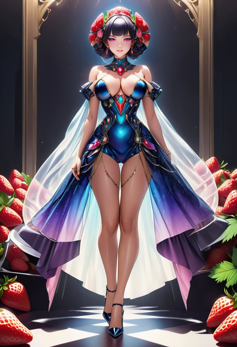 a portrait of an exotic, elegant beautiful mecha woman eating an epic, (legendary strawberry: 1.3) in cocktail party , ((full body: 1.5)), ((anatomically correct: 1.5)), (ultra detailed face: 1.2), dynamic eye color, glowing eyes, dynamic hair color, dynamic hair style dynamic skin complexion, wearing 1960's glamour intricate dress, high. fashion dress, dynamic color dress , wearing high heels, cocktail party background, vibrant, Ultra-high resolution, High Contrast, (masterpiece:1.5), highest quality, Best aesthetics), best details, best quality, highres, 16k, (ultra detailed: 1.5), masterpiece, best quality, (extremely detailed) RAW, (ultra details, Masterpiece, best quality), Hyperrealism style, MechanicusStyleAI,