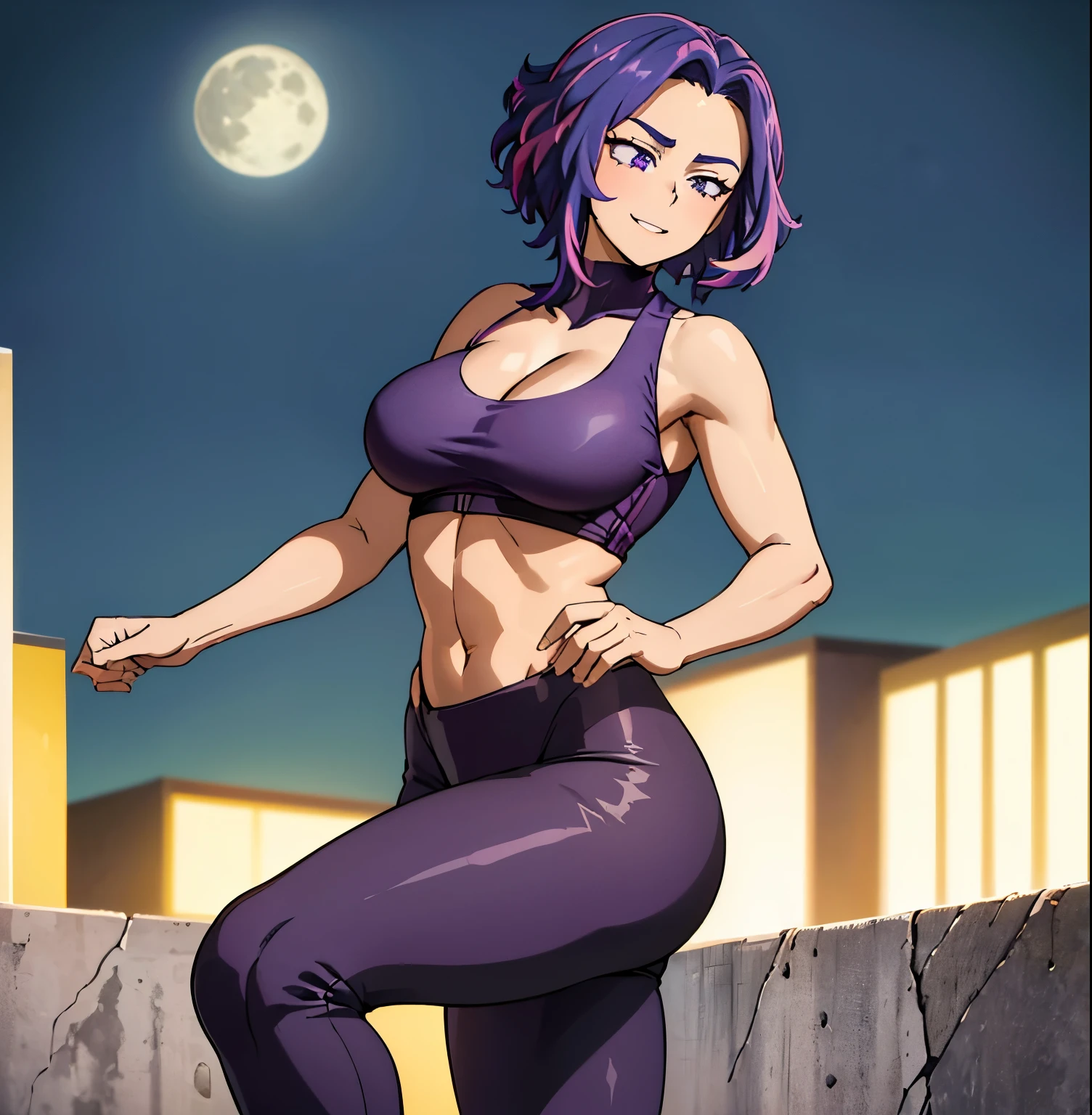 ((1girl)),((alone)),lady nagant,(masterpiece), (best quality), (ultra detailed), (best illustration), (best shadow), (absurdities), sharp focus, cowboy shot ,atmospheric perspective, depth of field, dynamic posture looking at the viewer, large breasts, narrow waist, wide hips, wide thighs, round butt, erotic, romantic, (very detailed eyes, lips 1.1), very detailed eyes, eyes, very face detailed, very beautiful face, full height, beautiful slim figure, femininity, expressive appearance, elastic big breasts, sexuality, Nagant, purple hair, purple eyes, multi-colored hair, short hair, highlighted hair, pink hair, medium hair, two-color hair , ,defined body, dark purple jacket:1.4, short leather jacket:1.3, open jacket:1.3,black sports bra:1.3,tight bra,((cleavage)),black yoga pants:1.3,tight pants:1.2, purple sneakers:1.3,Perfect and beautiful body, perfect and beautiful, closed mouth, smile, happy smile, blushing, (sexy pose: 1.2), ((solo)), standing: 1.3, ((out on the streets: 1, 5, city view: 1.5, streets: 1.5, city lights: 1.5, moon: 1.3, night: 1.4, metropolis: 1.4), looking forward, ((focus on hips )), point of view: (from the middle), perfect anatomy, perfect hands