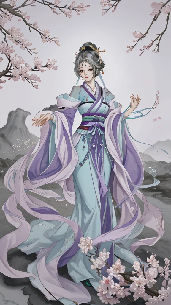 The original,(Implications:1.1),(Best quality),(masterpiece:1.1),(Extremely detailed CG unity 8k wallpaper),(One color:1.2),1 Lilac God,goddess,,Costume,Hanfu,Best quality,Extremely fine jewelry,Plum blossom petals,landscape,Rios|purely,