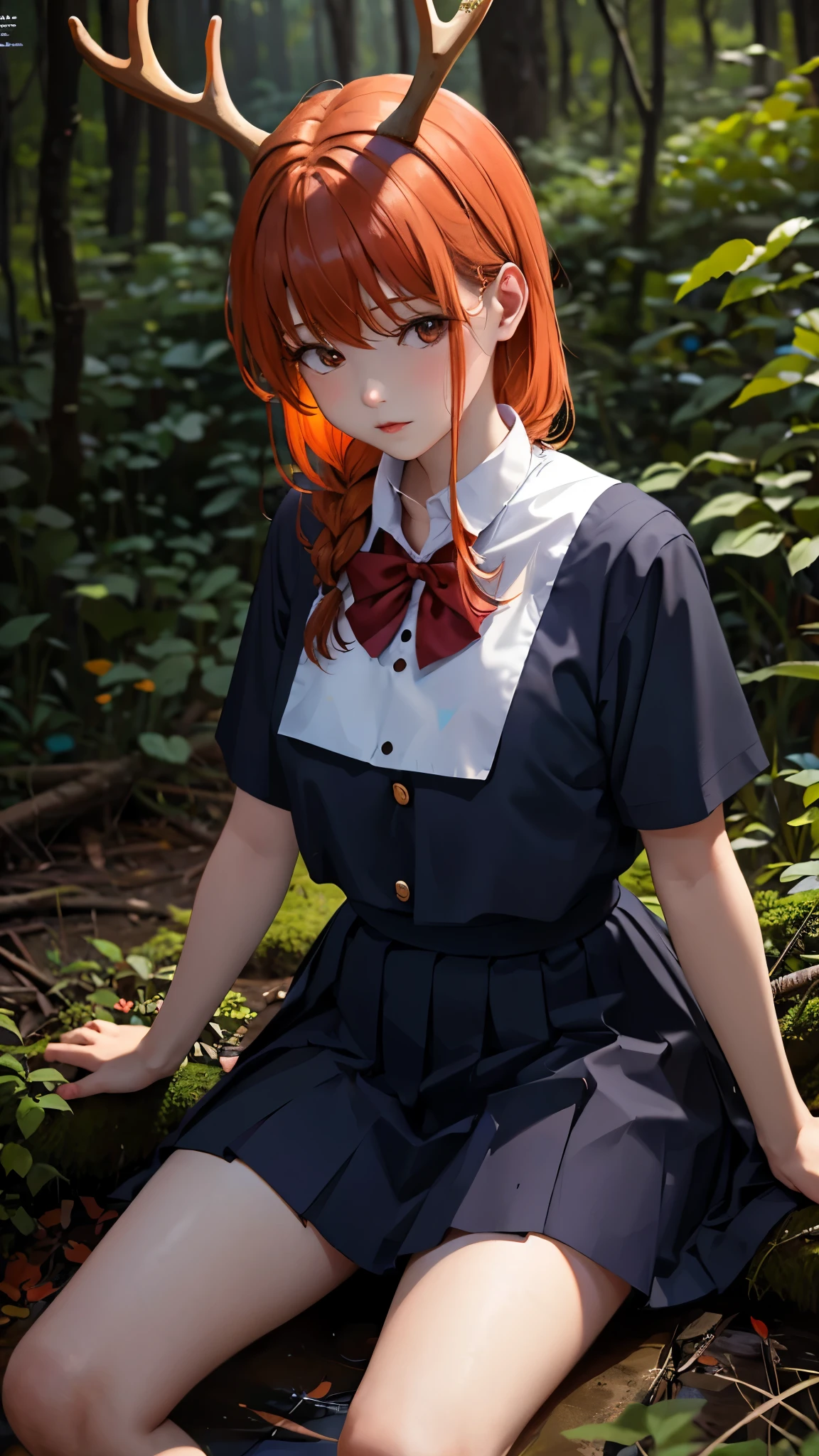 uniform、high school girl、Shortcuts、Orange Hair、Deer antlers grow、In a dark and mysterious forest、Shooting with a wide-angle lens、Masterpiece、Highest quality。