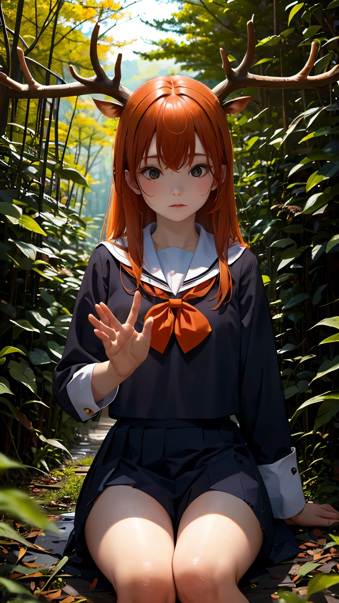 uniform、high school girl、Shortcuts、Orange Hair、Deer antlers grow、In a dark and mysterious forest、Shooting with a wide-angle lens、Masterpiece、Highest quality。